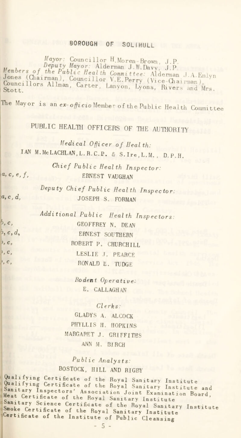 Mayor: Councillor H.Moren Brovm, J.P, h Deputy Mayor: Alderman J.W.Davy, J.P. ? ” PubHc Health Committee: Alderman J A Frnivn cou^i '-E-P-ry (v.ce chli±K^ ^uncUlors Allman. Carter. Lanyon, Lyons, Rivers and Mrs. The Mayor is an ex-officio Member of the Public Health Committee PUBLIC HEALTH OFFICERS OF THE AUTHORITY Medical Officer of Health: IAN M.McLACHLAN.L.R.C.P. & S.Ire.L.M., D.P.H. Chief Public Health Inspector: ia, c, e, f, EPiNEST VAUGHAN :a, c. d. Deputy Chief Public Health Inspector. JOSEPH S. FORMAN c. Additional Public Health Inspectors: GEOFFREY N. DEAN ^ C, d, ERNEST SOUTHERN '>* c. ROBERT P. CHURCHILL L c, LESLIE L PEARCE c RONALD L. TUDGE Rodent Operative. E. CALLAGH.AN Clerks: I GLADYS A. ALCOCK PHYLLIS H. HOPKINS MARGARET J. GRIFFITHS i ANN M. BIRCH I rubl ic Analysts: Rostock, hill and rigby j^alifying Certificate of the Royal Sanitary Institute Sanitarv! Royal Sanitary Institute and ■Meat Association Joint Examination Board, > Certificate of the Royal Sanitary Institute •ibanitary Science Certificate of the Royal Sanitary Institute ir oI the Royal Sanitary Institute I'-ertificate of the Institute of Public Cleansing