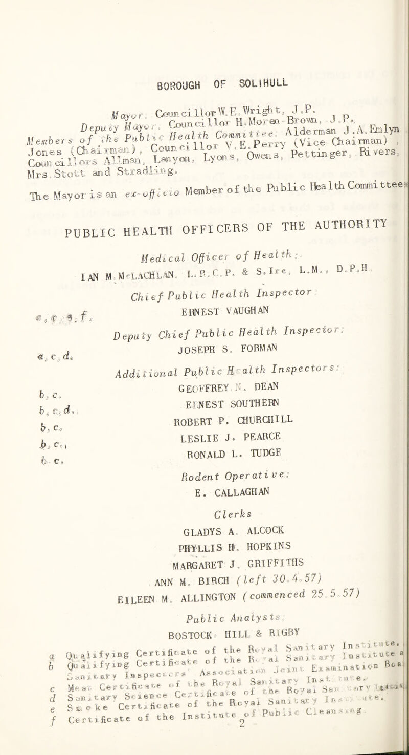 May r. J.P.. , H . Alderman J.A.Emlyn Membeis of t-ht. FaOi^c ^ ^ P Perry (Vice Ch.airman; , P-tin,er, Rivers. Mrs Stott and Strad,b_D.g» Mayor is an er=o/f.-c.o Member of tt.e IMblic Health Co™itree PUBLIC HEALTH OFFICERS OF THE AUTHORITY Medical Office? of Health;. IaN M.MrLACHLAN, L.P.C.P. & S.Ire, L.M., D.P.H_ ® i, ® ?.: '*9 , b, c„ b jj C/^da b, Ca i)^ Co, b Co f a 6 c li e f Chief Public Health Inspector^ ERNEST VAUGHAN Deputy Chief Public Health Inspector: JOSEPH S. FORMAN Additional Public Bralth Inspectors: GEOFFREY N, DEAN EINEST SOUTHERN ROBERT P. CHURCHILL LESLIE J. PEARCE RONALD L. TUDGF Rodent Operati ve; E, CALLAGHAN Clerks GLADYS A. ALCOCK PHYLLIS Ht HOPKINS MARGARET J, GRIFFITHS ANN M» BIRCH fleft 30oho57) EILEEN M» ALLINGTON (commenced 25o5a57) Public Analysts BOSTOCK^ HILL & RIGBY Qualifying Certifinate of the Rc-al Ja Meat oi . iT;r;Ve«:rc:d' :FtT:R..y,i Certificate of the Institute t.f Pnolic CLe«»--A„