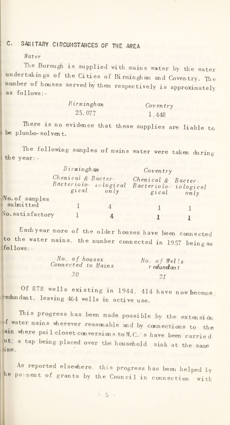 SAfllTARY CIRCUMSTAf^CES OF THE AREA Viat er Tlie Borough is supplied with mains water by the water undertakings of the Cities of Birmingham and Coventry. The number of houses served b,; them respectively is approximately as follows;- Pirmingham Coventry 25, 077 1-448 There is no evidence that these supplies are liable to 9 be plumbo-solven t. i! the year: The following samples of mains water were taken during iNo. of samples 11 submitted Birijiitighcun Coventry Chemical & Bacter Chemical & Bacter- Bacterio Lo- lological Bacter lolo-' lological gical only gical only 7no. sati sfactory 1 1 1 1 1 i I Eadiyear more of the older houses have been connected to the water mams, the number connected in 1957 being as Ifollows: No^ of houses Connected to Mams 30 No. of Wells redundant 21 Of 878 wells existing in 1944. 414 have now become edundant. leaving 46 4 wells in active use. This progress has been made possible by the extensibn ■f water mains wherever reasaiabie and by connections to the am where pai 1 closet con version.s to W. C. shave been carried ut a tap being placed over the household sink at the same 'lime. As reported elsevdiere this progress has been helped by ||he pa. men t of grants by the Council in connection with L I