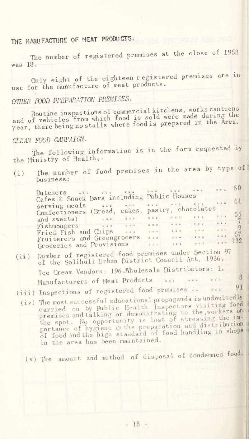 THE MAtiUFACTURE OF MEAT FRODUCTS. The number of registered premises at the close of 1958 was 180 Only eight of the eighteen registered premises are in use for the manufacture of meat products» OUm FWD PmPARATim PPMUSES. Routine inspections of commercial kitchens, works canteens y“frrthere be!Vno hhls where food is prepared in the Area. CLEAI'I FOOD CMlPAim. The following information is in the form requested by the Ministry of Health (i) The number of food premises in the area by type of businessi , 60 » 41 Qutchers aoo «oo oao “ °. \°r° Cafes & Snack Bars including Public Houses serving meals 0 0 0 serving meals »»» »» “ “ “ ^ Confectioners (Bread, cakes, pastry, chocola 0 0 0 and sweets) Fishmongers » « ° Fried Fish and Qiips — Fruiterers and Greengrocers Groceries and Provisions 0 0 0 0 0 0 0 0 0 0 0 0 0 0 0 0 0 0 o 0 0 0 0 0 0 0 0 0 0 0 0 0 o 0 0 0 0 0 0 0 0 0 0 0 0 0 0 0 55 7 9 57 132 Vjl X o -- (ii) Number of registered food premises under Section 9? of the Solihull Urban District Council Act, 1936o Ice Cream Vendors: 196 »Vdiolesale Distributors. !<. Manufacturers of Meat Products o o o » » » (iii) Inspections of registered food premises aa -»» 91 (iv ) The most successful educational propaganda is undoubtedly ^ ^Lried on byPiblic H- premises and talking or demon, rating ^ the spoto No opportunity i. lost of s re p | , norteuce of hyniene in the preparation and distribution , Ff foN and thPhigh standah U food handling xn shops : in the area has been maintainedo (v) The amount and method of disposal of condemned foodo