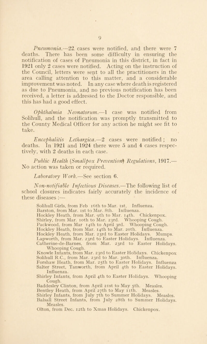 Pnetimofiia.—22. cases were notified, and there were 7 deaths. There has been some difficulty in ensuring the notification of cases of Pneumonia in this district, in fact in 1921 only 2 cases were notified. Acting on the instruction of the Council, letters were sent to all the practitioners in the area calling attention to this matter, and a considerable improvement was noted. In any case where death is registered as due to Pneumonia, and no previous notification has been received, a letter is addressed to the Doctor responsible, and this has had a good effect. Ophthalmia Neonatorum.—I case was notified from Solihull, and the notification was promptly transmitted to the County Medical Officer for any action he might see fit to take. Encephalitis Lethargica.—2 cases were notified; no deaths. In 1921 and 1924 there were 5 and 4 cases respec¬ tively, with 2 deaths in each case. Public Health (Smallpox Prevention) Regulations, 1917.— No action was taken or required. Laboratory Work.—^See section 6. Non-notifiable Infectious Diseases.—The following list of school closures indicates fairly accurately the incidence of these diseases :— Solihull Girls, from Feb i6th to Mar. ist, Influenza. Barston, from Mar. ist to Mar. 8th. Influenza. Hockley Heath, from Mar. 9th to Mar. 14th. Chickenpox. Shirley, from Mar. loth to Mar. 23rd. Whooping Cough. Packwood, from Mar 14th to April 3rd. Whooping Cough. Hockley Heath, from Mar. 14th to Mar. 20th. Influenza. Hockley Heath, from Mar. 23rd to Easter Holidays. Mumps. Lapworth, from Mar. 23rd to Easter Holidays, influenza. Catherine-de-Barnes, from Mar. 23rd to Easter Holidays. Whooping Cough. Knowle Infants, from Mar. 23rd to Easter Holidays. Chickenpox Solihull R.C., from Mar. 23rd to Mar. 30th. Influenza. Forshaw Heath, from Mar. 25th to Easter Holidays. Influenza Salter Street, Tanworth, from April 4th to Easter Holidays. Influenza. Shirley Infants, from April 4th to Easter Holidays. Whooping Cough. Baddesley Clinton, from April 21st to May 5th. Measles. Bentley Heath, from April 27th to May nth. Measles. Shirley Infants, from July 7th to Summer Holidays. Measles. Balsall Street Infants, from J uly 28th to Summer Holidays. Measles. Olton, from Dec. 12th to Xmas Holidays. Chickenpox.