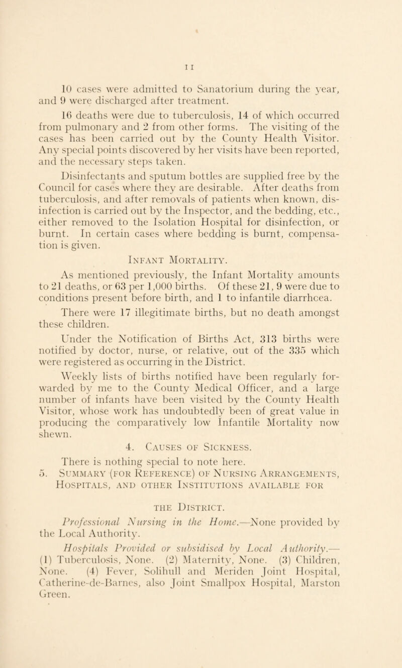 10 cases were admitted to Sanatorium during the 3’ear, and 9 were discharged after treatment. 1() deaths were due to tuberculosis, 14 of which occurred from pulmonary and 2 from other forms. The visiting of the cases has been carried out by the County Health Visitor. Any s]:)ecial points discovered by her visits have been reported, and the necessary steps taken. Disinfectants and sputum bottles are supplied free by the Council for cases where they are desirable. After deaths from tuberculosis, and after removals of patients when known, dis¬ infection is carried out by the Inspector, and the bedding, etc., either removed to the Isolation Hospital for disinfection, or burnt. In certain cases where bedding is burnt, compensa¬ tion is given. Infant Mortality. As mentioned previously, the Infant Mortality amounts to :21 deaths, or 63 per 1,000 births. Of these 21, 9 were due to conditions present before birth, and 1 to infantile diarrhoea. There were 17 illegitimate births, but no death amongst these children. Under the Notification of Births Act, 313 births were notified by doctor, nurse, or relative, out of the 335 which were registered as occurring in the District. Weekly lists of births notified have been regularly for¬ warded by me to the County Medical Officer, and a large number of infants have been visited by the County Health Visitor, whose work has undoubtedly been of great value in producing the comparative^ low Infantile Mortality now shewn. 4. Causes of Sickness. There is nothing special to note here. 5. Sllmmary (for Reference) of Nursing Arrangements, Hospitals, and other Institutions available for THE District. Professional Narsing in the Home.—None ju'ovided hy the Local Authority. Hospiials Provided or subsidised by Local Authority.— (I) Tuberculosis, None. (2) Maternity, None. (3) Children, None. (4) h'ever, Solihull and Meriden Joint Hos])ital, ('atherine-de-Barnes, also Joint Smallpox Hosjiital, Marston Creen.