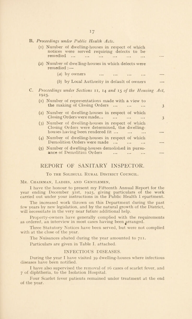 B. Proceedings under Public Health Acts. (1) Number of dwelling-houses in respect of which notices were served rcquirijig defects to be remedied ... ... ... ... ... ... — (2) Number of dwe ling-houses in which defects were remedied : — (a) by owners ... ... ... ... — [b) by Local Authority in default of owners —• C. Proceedings under Sections ii, 14 and 15 of the Housing Act, 1925- (1) Number of representations made with a view to the making of Closing Orders ... ... ... 3 (2) Number of dwelling-houses in respect of which Closing Orders were made... ... ... ... 3 (3) Number of dwelling-houses in respect of which Closing Orders were determined, the dwelling- houses having been rendered fit ... ... ... —• (4) Number of dwelling-houses in respect of which Demolition Orders were made .., ... ... — (5) Number of dwelling-houses demolished in pursu¬ ance of Demolition Orders ... ... ... — REPORT OF SANITARY INSPECTOR. To THE Solihull Rural District Council. Mr. Chairman, Ladies, and Gentlemen, I have the honour to present my Fifteenth Annual Report for the year ending December 31st, 1925, giving particulars of the work carried out under your instructions in the Public Health I epartment. The increased work thrown on this Department during the past few years by new legislation, and by the natural growth of the District, will necessitate in the very near future additional help. Property-owmers have generally complied with the requirements as ordered, an interview in most cases having been arranged. Three Statutory Notices have been served, but wnre not complied with at the close of the year. The Nuisances abated during the year amounted to 711. Particulars are given in Table I. attached. INFECTIOUS DISEASES. During the year I have visited 39 dwelling-houses where infectious diseases have been notified. I have also supervised the removal of 16 cases of scarlet fever, and 7 of diphtheria, to the Isolation Hospital. I'our Scarlet fever patients remained under treatment at the end of the year.