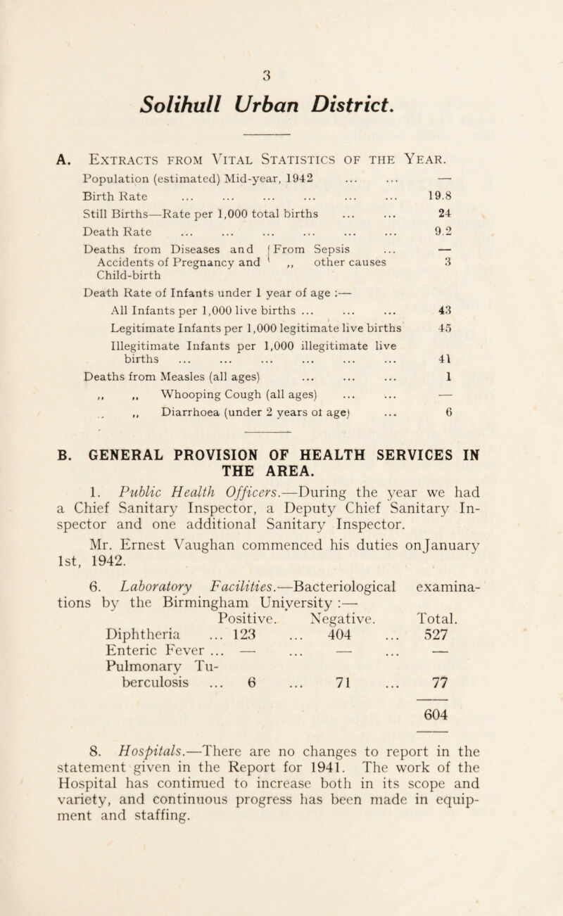 Solihull Urban District. A. Extracts from Vital Statistics of the Year. Population (estimated) Mid-year, 1942 ... ... — Birth Rate ... ... ... ... ... ... 19.8 Still Births—Rate per 1,000 total births ... ... 24 Death Rate ... ... ... ... ... ... 9.2 Deaths from Diseases and (From Sepsis ... — Accidents of Pregnancy and ' ,, other causes 3 Child-birth Death Rate of Infants under 1 year of age All Infants per 1,000 live births ... ... ... 43 Legitimate Infants per 1,000 legitimate live births 45 Illegitimate Infants per 1,000 illegitimate live births ... ... ... ... ... ... 41 Deaths from Measles (all ages) ... ... ... 1 ,, ,, Whooping Cough (all ages) ... ... — ,, Diarrhoea (under 2 years ol age) ... 6 B. GENERAL PROVISION OF HEALTH SERVICES IN THE AREA. 1. Public Health Officers.—During the year we had a Chief Sanitary Inspector, a Deputy Chief Sanitary In¬ spector and one additional Sanitary Inspector. Mr. Ernest Vaughan commenced his duties on January 1st, 1942. 6. Laboratory Facilities.- —Bacteriological examina- tions by the Birmingham University :— Positive. Negative. Total. Diphtheria ... 123 ... 404 527 Enteric Eever ... — — — Pulmonary Tu¬ berculosis ... 6 71 77 604 8. Hospitals.—There are no changes to report in the statement given in the Report for 1941. The work of the Hospital has continued to increase both in its scope and variety, and continuous progress has been made in equip¬ ment and staffing.