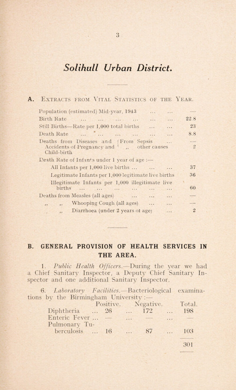 Solihull Urban District. A. Extracts from \’ital Statistics of the Year. Population (estimated) IMid-ycar, P)43 Birth Rate ... ... ... ... ... ... 22.8 Still Births—Rate per 1,000 total births ... ... 23 Death Rate ... ... ... ... ... ... 8.8 Deaths from Diseases and | From Sepsis ... — Accidents of Pregnancy and ' ,, other causes 2 Child-birth Death Rate of Infants under 1 year of age ;— All Infants per 1,000 live births ... ... ... 37 Legitimate Infants per 1,000 legitimate live births 36 Illegitimate Infants per 1,000 illegitimate live births ... ... ... ... ... ... 60 Deaths from Measles (all ages) ... ... ... — ,, ,, Whooping Cough (all ages) ... ... — ,, Diarrhoea (under 2 years of agej ... 2 B. GENERAL PROVISION OF HEALTH SERVICES IN THE AREA. 1. Public Health Officers.—During the year we had a Chief Sanitary Inspector, a Deputy Chief Sanitary In¬ spector and one additional Sanitary Inspector. (S. Laboratory Facilities.—Bacteriological examina¬ tions by the Birmingham University :— Positive. Negative. Total Diphtheria ... 26 172 198 Enteric Fever ... — ... — — Pulmonar}^ Tu¬ berculosis ... 1(S 87 103 301