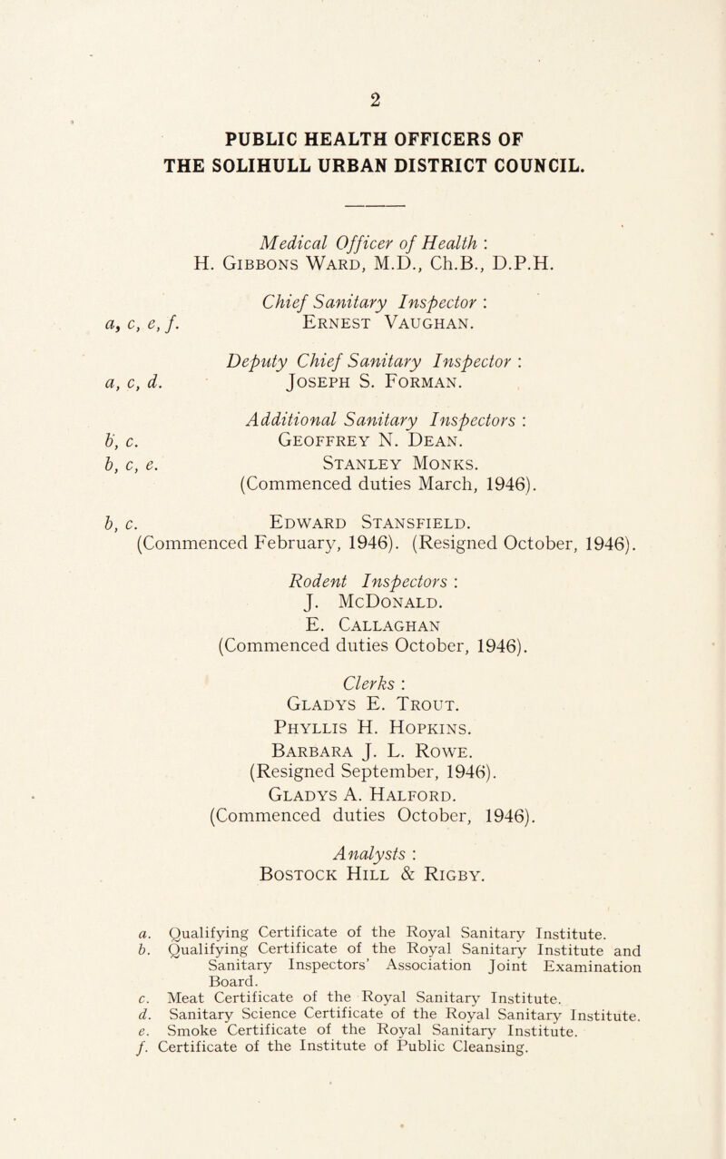 PUBLIC HEALTH OFFICERS OF THE SOLIHULL URBAN DISTRICT COUNCIL. Medical Officer of Health : H. Gibbons Ward, M.D., Ch.B., D.P.H. Chief Sanitary Inspector : Ernest Vaughan. a, c, d. Deputy Chief Sanitary Inspector : Joseph S. Forman. Additional Sanitary Inspectors : Geoffrey N. Dean. Stanley Monks. (Commenced duties March, 1946). h, c. Edward Stansfield. (Commenced February, 1946). (Resigned October, 1946). Rodent Inspectors : J. McDonald. E. Callaghan (Commenced duties October, 1946). Clerks : Gladys E. Trout. Phyllis H. Hopkins. Barbara J. L. Rowe. (Resigned September, 1946). Gladys A. Halford. (Commenced duties October, 1946). Analysts : Bostock Hill & Rigby. a. Qualifying Certificate of the Royal Sanitary Institute. h. Qualifying Certificate of the Royal Sanitary Institute and Sanitary Inspectors’ Association Joint Examination Board. c. Meat Certificate of the Royal Sanitary Institute. d. Sanitary Science Certificate of the Royal Sanitary Institute. e. Smoke Certificate of the Royal Sanitary Institute. /. Certificate of the Institute of Public Cleansing.