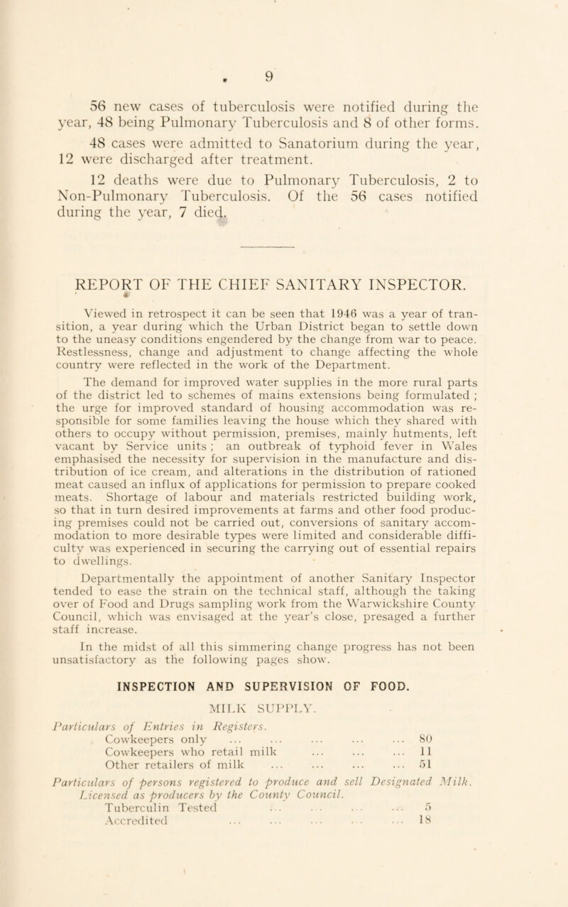 9 56 new cases of tuberculosis were notified during tlie year, 48 being Pulmonary Tuberculosis and 8 of other forms. 48 cases were admitted to Sanatorium during the year, 12 were discharged after treatment. 12 deaths were due to Pulmonary Tuberculosis, 2 to Non-Pulmonary 4'uberculosis. Of the 56 cases notified during the year, 7 died. REPORT OF THE CHIEF SANITARY INSPECTOR. Viewed in retrospect it can be seen that 1946 was a year of tran¬ sition, a year during which the Urban District began to settle down to the uneasy conditions engendered by the change from war to peace. Restlessness, change and adjustment to change affecting the whole country were reflected in the work of the Department. The demand for improved water supplies in the more rural parts of the district led to schemes of mains extensions being formulated ; the urge for improved standard of housing accommodation was re¬ sponsible for some families leaving the house which they shared with others to occupy without permission, premises, mainly hutments, left vacant by Service units ; an outbreak of typhoid fever in Wales emphasised the necessity for supervision in the manufacture and dis¬ tribution of ice cream, and alterations in the distribution of rationed meat caused an influx of applications for permission to prepare cooked meats. Shortage of labour and materials restricted building work, so that in turn desired improvements at farms and other food produc¬ ing premises could not be carried out, conversions of sanitary accom¬ modation to more desirable types were limited and considerable diffi¬ culty was experienced in securing the carrying out of essential repairs to dwellings. Departmentally the appointment of another Sanitary Inspector tended to ease the strain on the technical staff, although the taking over of Food and Drugs sampling work from the Warwickshire County Council, which was envisaged at the year’s close, presaged a further staff increase. In the midst of all this simmering change progress has not been unsatisfactory as the following pages show. INSPECTION AND SUPERVISION OF FOOD. MILK' SUFPLV. Jhiriiculars of luitries in Registers. Cowkeepers only ... ... ... ... ... 80 Cowkeepers who retail milk ... ... ... 11 Other retailers of milk ... ... ... ... 51 Particulars of persons registered to produce and sell Designated Milk. Licensed as producers by the County Council. Tubercidin Tested ... • • ... 5 Accredited ... ... ... • • 18