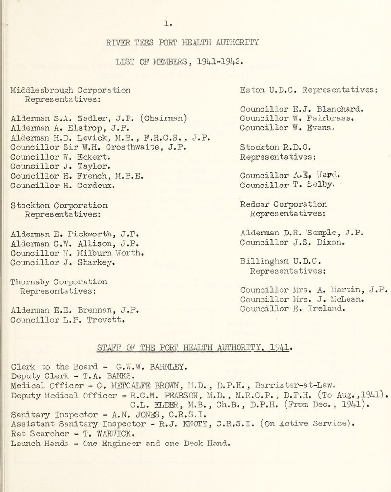 1. RIVER TEES PORT HEALTH AUTHORITY LIST OP MEMBERS, 1941-1942. Middle sb rough G orpor a ti on R epres enta tive s: Alderman S.A. Sadler, J.P. (Chairman) Alderman A. Elstrop, J.P. Alderman H.D. Levick, M.B. , F.R.C.S. , Councillor Sir W.H. Crosthwaite, J.P. Councillor W. Eckert# Councillor J. Taylor. Councillor H. French, M.B.E. Councillor H. Cordeux. Eston U.D.C. Representatives: Councillor E.J. Blanchard. Councillor W. Fairbrass. Councillor W. Evans, J.P. Stockton R.D.C. Representatives: Councillor JL»B# W Councillor T. Selby, - Stockton Corporation Representatives: Alderman E. Pickworth, J.P. Alderman C.W. Allison, J.P. Councillor !/. Mi lb urn Worth. Councillor J. Sharkey. Thornaby Corporation Repres ent a tive s: Alderman E.E. Brennan, J.P. Councillor L.P. Trevett. Redcar Corporation Repres entatives: Alderman D.R* ;Semple, J.P. Councillor J.S. Dixon. Billingham U.D.C. Representatives: Councillor Mrs. A. Martin, J.P Councillor Mrs. J. McLean. Councillor E. Ireland. STAMP OF THE PORT HEALTH AUTHORITY, 1941* Clerk to the Board - G-.W.W. BARKLEY. Deputy Clerk - T.A. BANKS. Medical Officer - C. METCALFE BROWN, H.D. , D.P.H. , Barrister-at-Law* Deputy Medical Officer - R.C.M. PEARSON, M.D., M.R.C.P., D.P.H. (To Aug.,194l) C.L. ELDER, M.B., Ch.B., D.P.H. (Prom Dec., 1941). Sanitary Inspector - A.N. JONES, C.R.S.I. Assistant Sanitary Inspector - R.J. KNOTT, C.R.S.I. (On Active Service). Rat Searcher - T. WARWICK. Launch Hands - One Engineer and one Deck Hand.