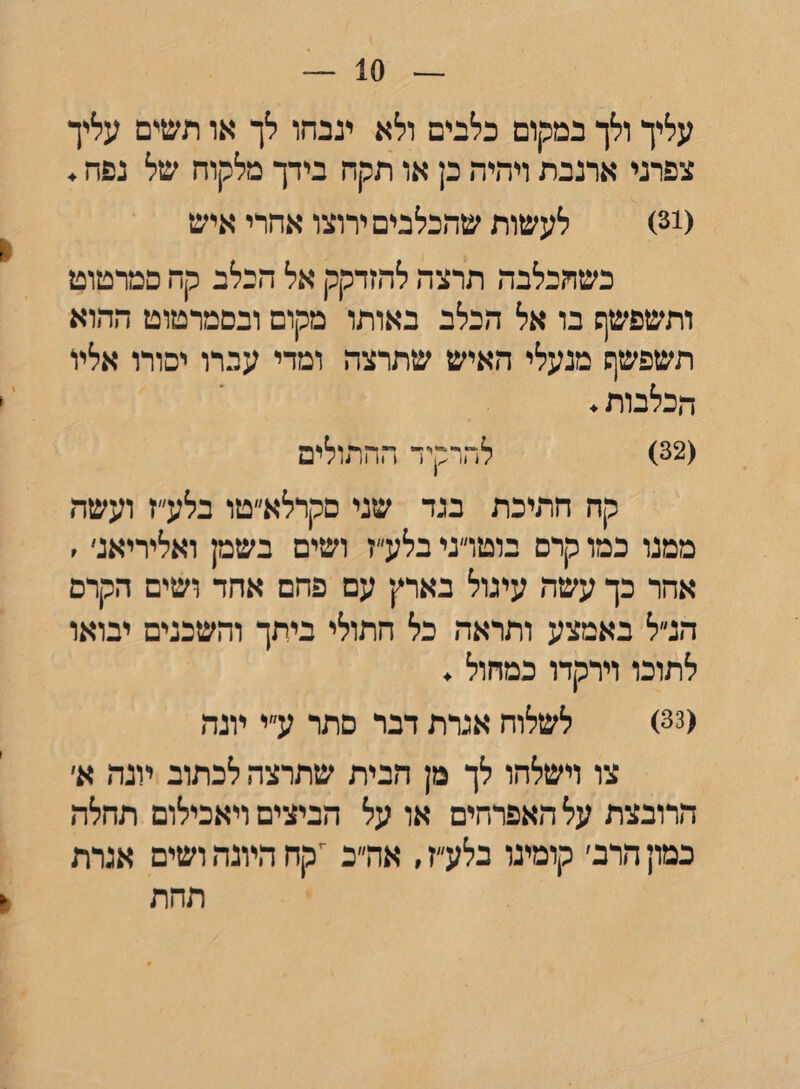 עליך ולך במקום כלבים ולא ינבחו לך או תשים עליך צפרני ארנבת ויהיה כן או תקח בידך מלקוח של נפח. (31) לעשות שהכלבים ירוצו אחרי איש כשהכלבה תרצה להזדקק אל הבלב קח סמרטוט ותשפשף בו אל הכלב באותו מקום ובסמרטוט ההוא תשפשף מנעלי האיש שתרצה ומדי עברו יסורו אליו הכלבות. (32) להרקיד החתולים קח חתיכת בגד שני סקרלא״טו בלע״ז ועשה ממנו כמו קרם בוטו״ני בלע״ז ושים בשמן ואליריאנ׳ ׳ אחר כך עשה עינול בארץ עם פחם אחד ושים הקרם הדל באמצע ותראה כל חתולי ביתך והשכנים יבואו לתוכו וירקדו כמחול. (33) לשלוח אגרת דבר סתר ע״י יונה צו וישלחו לך מן הבית שתרצה לכתוב יונה א׳ הרובצת על האפרחים או על הביצים ויאכילום תחלה כמון הרב׳ קומינו בלע״ז, אה״ב זקח היונה ושים אגרת תחת