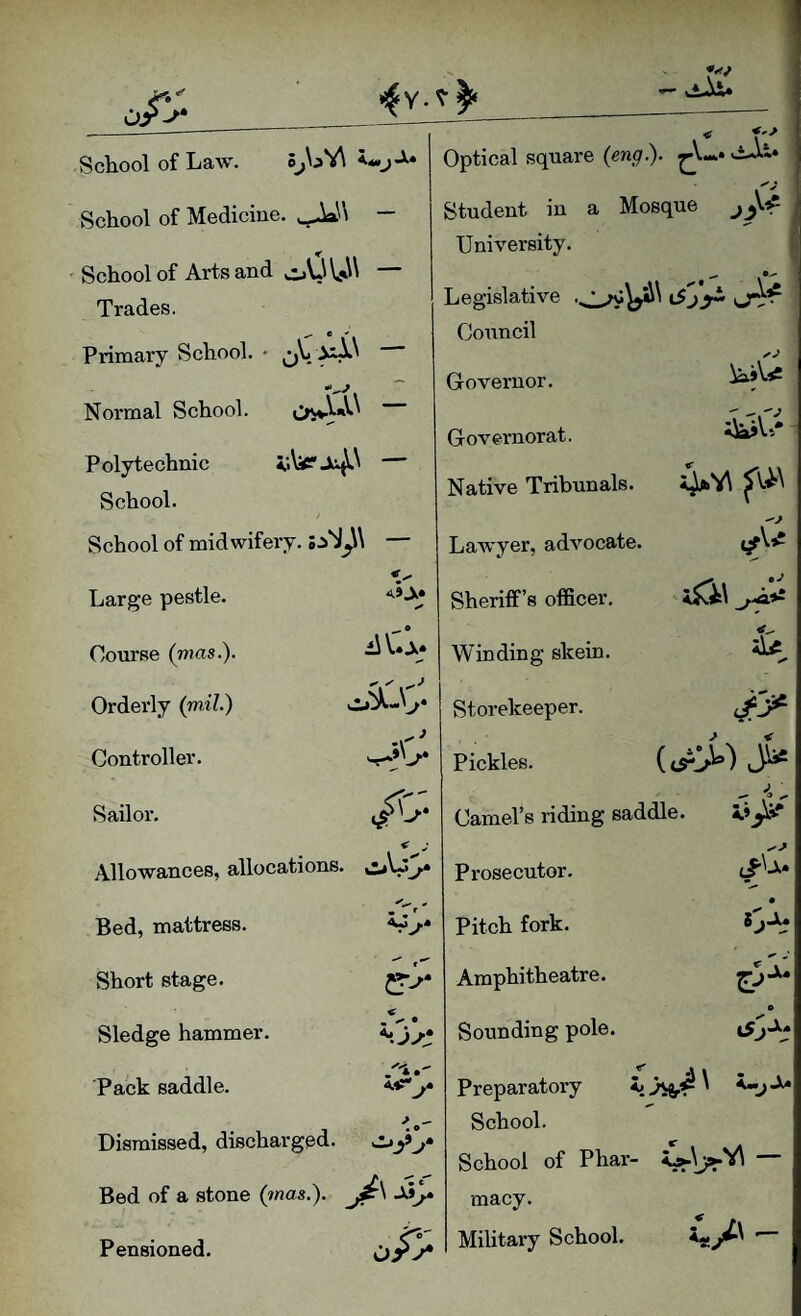 o/:;^ School of Law. oj\jV\ School of Medicine. - School of Arts and oUVikW — Trades. Primary School. • Normal School. Polytechnic School. / School of midwifery. — Large pestle. ASJi* Course (mas.). Orderly (mr7.) I-’ j* Controller. Sailor. Optical square {eng'). Student in a Mosque University. Legislative tS Coimcil Governor. Governorat. Native Tribunals. Lawyer, advocate. Sheritf’s officer. Winding skein. & Storekeeper. Pickles. ( Camel’s riding saddle. ^ Allowances, allocations, Bed, mattress. Short stage. Sledge hammer. < Pack saddle. <<<!“ Dismissed, discharged. Bed of a stone (was.). J^\ Pensioned. o/r Prosecutor. (/•U. Pitch fork. • S^Ju Amphitheatre. Sounding pole. i5>- Preparatory i \ School. School of Phar- <^\j»-V\ — macy. MiUtary School. ^<s.^ '
