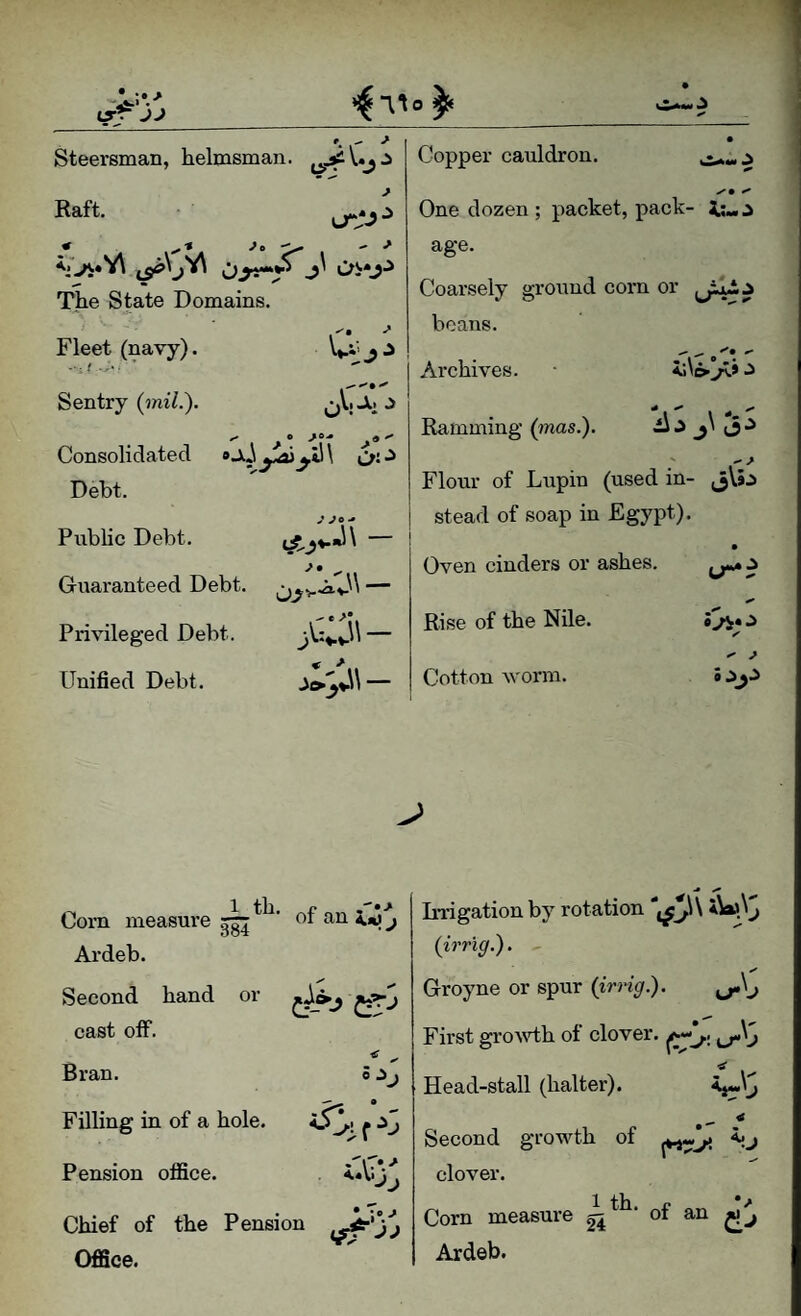 jj Steersman, helmsman. • V»^ ^ Copper cauldron. > Raft. ^ The State Domains. Fleet (navy). V*.i’ ^ ^ Sentry (mil.). OV’^i ^ Consolidated »\ Debt. J JO.. Pubhc Debt. Giwanteed Debt. Privileged Debt. Unified Debt. One dozen ; packet, pack- age. Coai’sely ground corn or beans. Archives. • 4.;\c»^» ^ Ramming (mas.). j Flour of Lupin (used in- stead of soap in Egypt). Oven cinders or ashes. Rise of the Nile. < Cotton worm. „ 1 th. Com measure ^ of an Ardeb. Second hand or cast off. Bran. o:>j Filling in of a hole. Pension office. i'.fj:; Chief of the Pension OflSce. Li-igation by rotation (irrig.). Groyne or spur (irng.). ^j.\j First grovdh of clover. j Head-stall (halter). Second growth of clover. 1 th. e Corn measure ^ ot an Ardeb. L> \