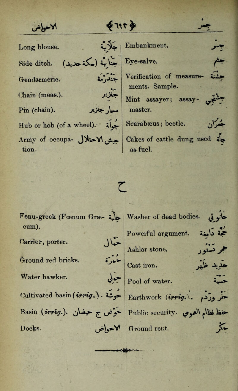 Long blouse. . Side ditch. (i^) <t Vi Gendarmene. (Jhain (meas.). Pin (chain). Hub or hob (of a wheel). <1^ .\miy of occupa- tion. Embankment. Eye-salve. Verification of measure- ments. Sample. Mint assayer; assay- <^-y master. ScarabeeuB; beetle. OV*^ Cakes of cattle dung used as fuel. • > O*-” '• • - A' Fenu'-greek (Foenum Grse- I do- Washer of dead bodies. ^ yW cum). ^ Powerfxil argument. Carrier, porter. JV ' Ashlar stone. Cast iron. Pool of water. Earthwork y* Ground red bricks. Water hawker. Cultivated basin (irri^.^ • Basin {trrtgf.}. ^ \ Public security. iai> Docks. Ground rent. ’ X