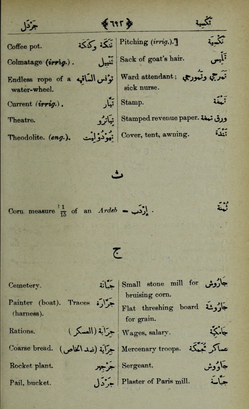 _ Coffee pot. Colmatage {vrr%g>). Endless rope of a water-wheel. Current (irrig.^» Theatre. Theodolite, (eng.). ' Pitching {irrig.).”^ Sack of goat’s hair. vO\ 1 Ward attendant; sick nurse. ^0 ! Stamp. W* Stamped revenue paper. ^jy Cover, tent, awning. ‘OiT • 1 • t Ct)m measure ^ of an Ardeh » • Cemetery. Painter (boat). (harness). 1'races Rations. [ ^-.W) 4a}^y. Coarse bread. Rocket plant. Pail, bucket. ji-;r Small stone mill for bruising com. Flat threshing board ^y for grain. Wages, salary. ✓ Mercenary troops. iS^t Sergeant. Plaster of Paris mill.