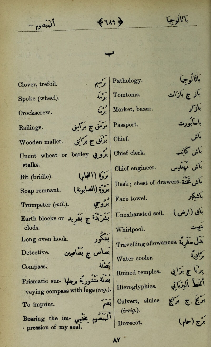 Clover, trefoil. fr^ Spoke (wheel). Crockscrew, <V! Railings. Wooden mallet. Uncut wheat or barley ^ stalks. Bit (bridle). by Soap remnant. Trumpeter • ^ ^ ^ Earth blocks or Xjii p clods. ** — a Long oven hook. Detective. ^ • V • > Compass. Prismatic sur- veying compass with. Tegs {eng.). ✓ To imprint, Bearing the im- • preaaion of my seal. Pathology. Tomtoms. Market, bazar. Passport. Chief. Chief clerk. Chief engineer. j^v Desk; chest of drawers. Face towel. Unexhausted soil. Whirlpool. 4  \ ' Travelling allowances. J-V Water coolei’- Ruined temples. 'i}y- E '^■y- Hieroglyphics. Culvert, sltiice t'y (imp.). Dovecot, AY