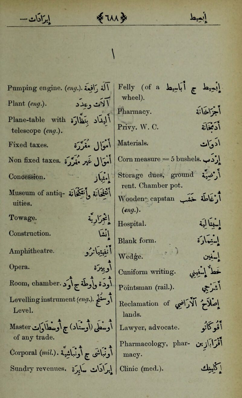 Pumping engine, {eng.), 4.i\ Plant (<>w^.). Plane-table with ijVk;;.. \ telescope (eng). Jlr' c« Fixed taxes. Non fixed taxes. ; j's-' jQ > V # Concession. Museum of antiq- ii\^\ uities. Towage. Construction. Amphitheatre. Opera. Q 0« k \ Felly (of a ist-Ci ^ wheel). Pliarmacy. Privy. \V. C Materials. Corn measure = 5 bushels. «■ , ■? Storage dues, ground ^k , k ^ k Room, chamber. 5 *■ Levelling instrument [eng.). Level. ^ - , k * 'c* Master ^ ^ j\ of any trade. tr k ^ * Corporal (mil.). 4.yiU_j\ ^ Sundry revenues. a^jV* rent. Chamber pot. I Wooden*- capstan (ang.). Hospital. Blank form. V Wedge. ^ Cuniform writing. Pointsman (rail.). O' ^ ^ a 0 Reclamation of lands. Lawyei', advocate. yojil Pharmacology, phar- macy. Clinic (med.).