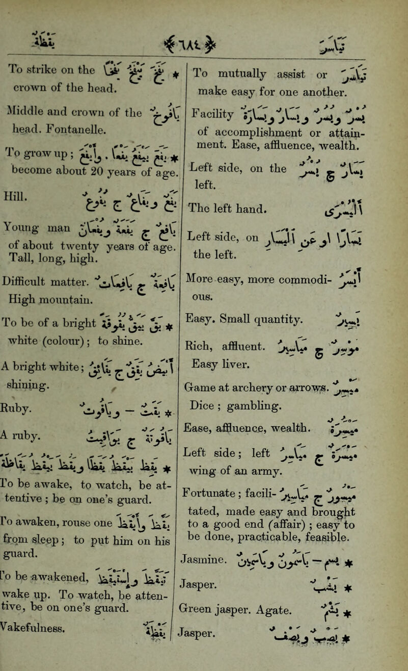 To strike on the Vii* ^ crown of the head. Middle and crown of the head. Fontanelle. 1 o grow up ; ^ become about 20 years of age. ^ »T' E C‘’>^ C- Hill. Young man ^ '^V7 of about twenty years of age. Tall, long, high. Difficult matter. ^  ■ w ' ' High mountain. To be of a bright ^ To mutually assist or make easy for one another. Facility j ■'JJ, of accomplishment or attain¬ ment. Ease, affluence, wealth. ,>1 — v^i 5 jW Left side, on the left. The left hand. Left side, on jCi\ j\ \'V^ the left. More easy, more commodi- ous. Easy. Small quantity. white (colour) ; to shine. A bright white; ^ jf shining. ^ Ruby. - Ul « A niby. ^ V: llai laL if I’o be awake, to watch, be at¬ tentive ; be on one’s guard. I'o awaken, rouse one laL\j iali ftom sleep ; to put him on his guard. fo be awakened, ]iiT wake up. To watch, be atten¬ tive, be on one’s guard. Vakefulness. Rich, affluent. Easy liver. Game at archery or aiTOw^. Dice ; gambhng. ^ -i-o- Ease, affluence, wealth. 0*** Left side; left ^ Aving of an army. Fortunate ; facili- ^ tated, made easy and brought to a good end (affair) ; easy to be done, practicable, feasible. Jasmine. Jasper. Green jasper. Agate. ^ Jasper.