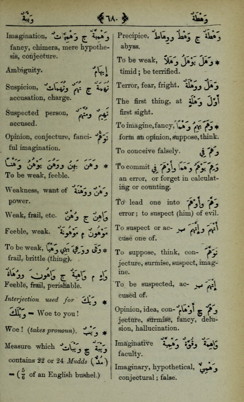 Imagination, ^ fancy, chimera, mere hypothe¬ sis, conjecture. Ambiguity. -fVl Suspicion, ^ accusation, charge. Suspected person, accused. t - Opinion, conjecture, fanci- ful imagination. Ci . > X ✓ ^ ^ ^ C^.y- Crh O^J ^ To be weak, feeble. Weakness, want of (j><» j power. Weak, frail, etc. ^ Feeble, weak. To be weak, £ « frail, brittle (thing). 1\1. J ^ X •L' y jj 0.^1^ z f ib Feeble, frail, perishable. Interjection used for -tf.  .T*.» kilL j ■« Woe to you I Woe! (takesproiumn). if Measure which “oC^, - iJ, contains ^2 or 24 J/i/dds — (I of an English bushel.) Precipice, ^ i\a*j abyss. To be weak, timid; be terrified. Terror, fear, fright. The first thing, at ijij first sight. To imagine, fancy, ^ form an opinion, suppose, think. To conceive falsely. To commit ^ an error, or forget in calculat¬ ing or counting. Tor lead one into error; to suspect (him) of evil. To suspect or ac- ^ '^\ cuse one of. To suppose, think, con- jectmre, surmise, suspect, imag- uae. 'To be suspected, ac- '^1 cused of. Opinion, idea, con-“’^\ji^\ g j jecture, STtrmise, fancy, delu¬ sion, hallucination. Imaginative faculty. Imaginary, hypothetical, conjecttnal; false.