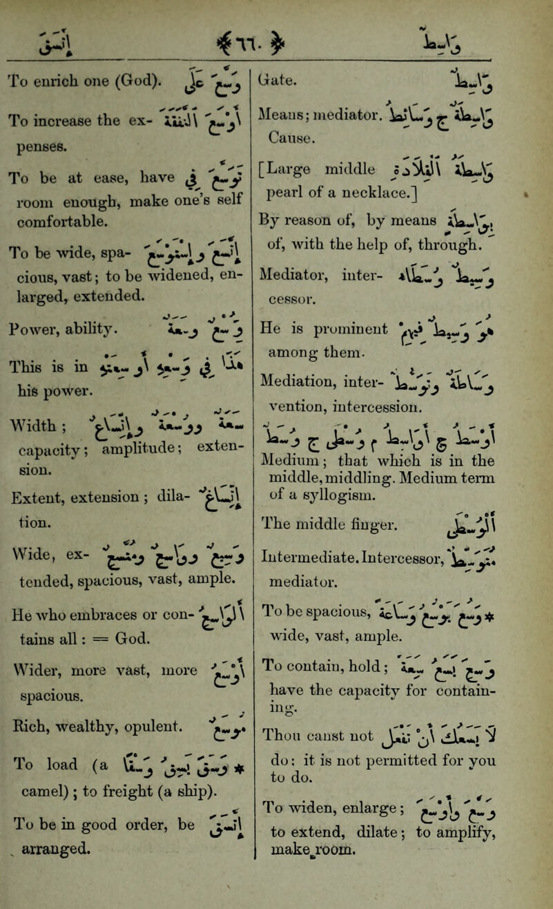 To eurich one (God). Jc To increase the ex- pensee. To be at ease, have ^ jj room enough, make one’s self comfortable. To be wide, spa- cions, vast; to be Avideued, en¬ larged, extended. -i * *- Powei', ability. ^ j This is in 5:*,- his power. Width ; capacity; amplitude; exten¬ sion. Extent, extension ; dila- tion. Wide, ex- tended, spacious, vast, ample. ^ * He who embraces or con- \ tains all: = God. Gate. laJj Means: mediator. Ww.t* Cause. [ Large middle J j lAiJ \ pearl of a necklace.] ✓ By reason of, by means , of, with the help of, through. Mediator, inter- *VL-S cessor. He is prumiuent ‘^■yj iaj«j among them. Mediation, inter- 'iWVl^ vention, intercession. Medium; that which is in the middle, middling. Medium term of a syllogism. The middle finger. Intermediate. Intercessor, mediator. ^ ^ 00 J 00 ^ > To be spacious, ^ wide, vast, ample. Wider, more A'ast, more spacious. Rich, wealthy, opulent. To load (a ill' jlJ n. camel); to freight (a ship). ^ ^ To be in good order, be ^«jl ^ arranged. To contain, hold; Xm.y have the capacity for contain¬ ing. Thou canst not Jll* ilU-i do: it is not permitted for you to do. To widen, enlarge; '^y to extend, dilate; to amplify, make lADom.