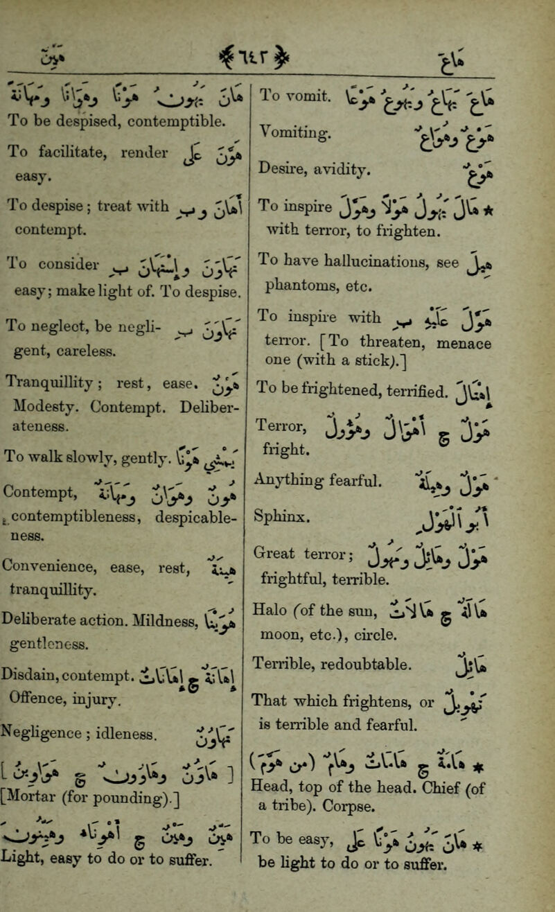 To be despised, contemptible. To facilitate, render ^ easy. To despise; treat with ^Vfcl contempt. To consider easy; make light of. To despise. ',V' To neglect, be negli¬ gent, careless. Tranquillity; rest, ease, Modesty. Contempt. Deliber¬ ateness. To walk slowly, gently. Contempt, ^ contemptibleness, despicable¬ ness. Convenience, ease, rest, tranquillity. Deliberate action. Mildness, gentleness. Disdain,contempt. Offence, injury. Negligence; idleness. S ] [Mortar (for pounding).] g Oi*5 OV* Light, easy to do or to suffer. To vomit, Vomiting. Desire, avidity. •> To inspire ^ with terror, to frighten. To have hallucinations, see 3*^ phantoms, etc. To iuspiie with ^ ^ teri’or. [To threaten, menace one (with a stick).] To be frightened, terrified. Terror, 3\^\ fright. ® An}i;hing fearful. 3^' Sphinx. Great terror; 3^3 3^* frightful, teiTible. Halo (o^ the sun, oSVfc g moon, etc.), circle. Terrible, redoubtable. JjU • That which frightens, or is terrible and fearful. Head, top of the head. Chief (of a tribe). Corpse. To be easy, be light to do or to suffer.