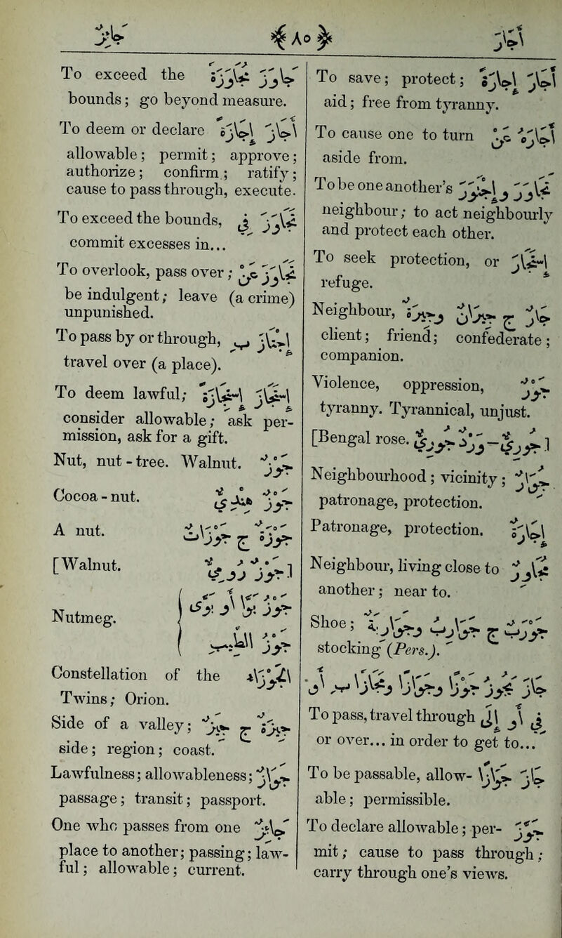 To exceed the jSW bounds; go beyond measure. To deem or declare e'iWl ''•,\£>\ allowable; permit; approve; authorize; confirm; ratify; cause to passthrough, execute. To exceed the bounds, J commit excesses in... To overlook, pass over; be indulgent; leave (a crime) unpunished. To pass by or through, ,. '£.1 travel over (a place). To deem lawful; i'\^\ consider allowable; ask per¬ mission, ask for a gift. Nut, nut-tree. Walnut. Cocoa - nut. ■>f ' 0 '' A nut. [Walnut. Nutmeg. i c Constellation of the Twins; Orion. Side of a valley; ^ side; region; coast. LaAvfulness; allowableness; passage; transit; passport. One Avhc passes from one ‘'•do. place to another; passing; law¬ ful ; allowable; current. To save; protect; 5''Ac»\ aid; free from tjTanny. To cause one to turn aside from. To be one another’s j^U neighbour; to act neighbourly and protect each other. To seek protection, or ^(^1 refuge. * Neighbour, ^ client; friend; confederate ; companion. Violence, oppression, tyranny. Tyrannical, unjust. [Bengal Neighbourhood ; vicinity ; patronage, protection. Patronage, protection. s''\^\ ^ * * <A Neighbour, living close to another; near to. Shop • ^ aiioe, ^ stocking {Pers.).  To pass, travel through Ji J or OA^er... in order to get to... yc> To be passable, allow- \j\ able; permissible. To declare alloAvable; per- mit; cause to pass through; carry through one’s vicAvs.