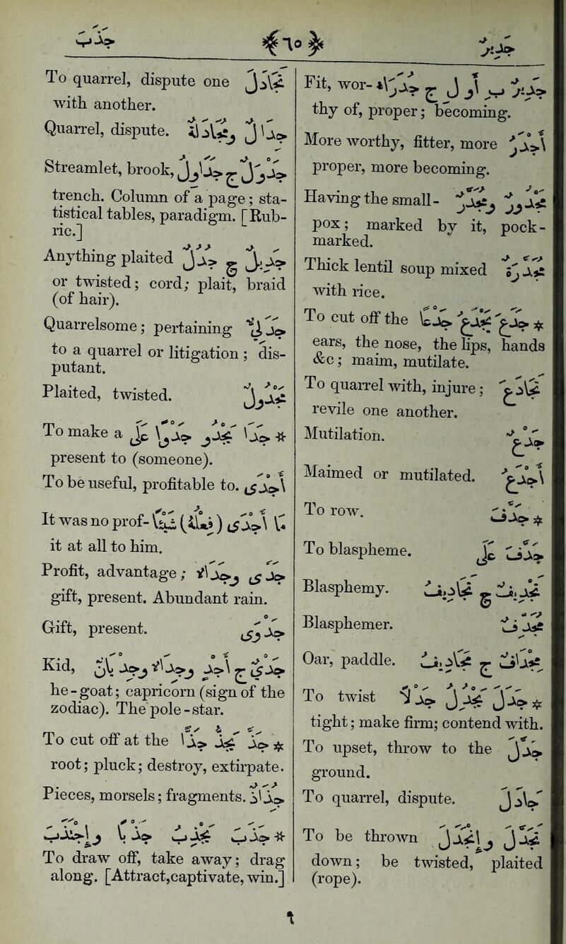 f 10^ To quarrel, dispute one with another. Quarrel, dispute. Streamlet, brook, trench. Column of a page; sta¬ tistical tables, paradigm. [Rub¬ ric.] Anything plaited ^ or twisted; cord; plait, braid (of hair). Quarrelsome; pertaining *y, j(> to a quarrel or litigation ; dis¬ putant. Plaited, twisted. To make a Jc jTc. UV * present to (someone). To be useful, profitable to. It was no prof- V. it at all to him. Profit, advantage; gift, present. Abundant rain. o ^ Gift, present. Kid, ^\j ^ he-goat; capricorn (sign of the zodiac). The pole-star. To cut ofi at the i jk> Ac. j}c root; pluck; destroy, extirpate. rieces, morsels; fragments. ye>^ To be thi-own ■-b V. J>s. »-x4 To draw olF, take away; drag along. [Attract,captivate, win.] Fit, wor- ^ J thy of, proper; becoming. More worthy, fitter, more ^ proper, more becoming. * Having the small- pox; marked by it, pock - marked. Thick lentil soup mixed 5^ with rice. To cut off the Ci ^ ears, the nose, the lips, hands &c; maim, mutilate. To quaiTel with, injure; revile one another. Mutilation. r .. Jc Oj>9 o' ^ . i-*’ . Ji* Maimed or mutilated. To row. To blaspheme. Blasphemy. Blasphemer. Oar, paddle. To twist tight; make firm; contend witl To upset, throw to the Jj>i ground. To quarrel, dispute. Jj\c down; be twisted, plaite (rope).