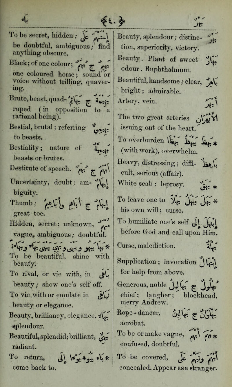 To be secret, hidden ; ^ be doubtful, ambigiious; find anything obscure. Black; of one colour; one coloured horse; sound or voice without trilling, quaver- ing. Brute, beast, quad-^ ruped (in opposition to a rational being). Bestial, brixtal; referrixig to beasts. Beauty, splendour; distinc- -/I* tion, superiority, victory. Beaixty. Plant of sweet odour, Buphthalmum. Beautiful, handsome; clear, bright; admirable. Artery, vein. vt ,\ Bestiality; nature of beasts or brutes. Destitute of speech. ^ Uncertainty, doubt; am- biguity. Thumb; ^ ''Ahi The two great arteries issuing out of the heart. To overburden I'L*,'’ (with Avork), OA’’erAvhelm. Heavy, distressing; diffi- lafc^V. cult, serious (affiiir). \V hite scab ; leprosy. iM' ^ To leave one to Srjir* his own Avill; curse. To humiliate one’s self J IJe'i before Cfod and call upon Him. Curst;, malediction. V Supplication; invocation for help from above. (.Tcnerous, noble chief; laugher; blockhead, merry AndrtjAv. Rope - dancer, ^ ^ acrobat. great toe. Hidden, secret; unknoAvn, vague, ambigmous; doubtful J y;?i V * To bo beautiful, shine AAuth beauty. To rival, or vie with, in ^^\.> beauty; show one’s self off. To vie Avith or emulate in beauty or elegance. Beauty, brilliancy, elegance, splendour. Beautiful, splendid; brilliant, radiant. To return, come back to. To be ormakeA'ague, confused, doubtful. To be covered, concealed. Appear as a stranger.