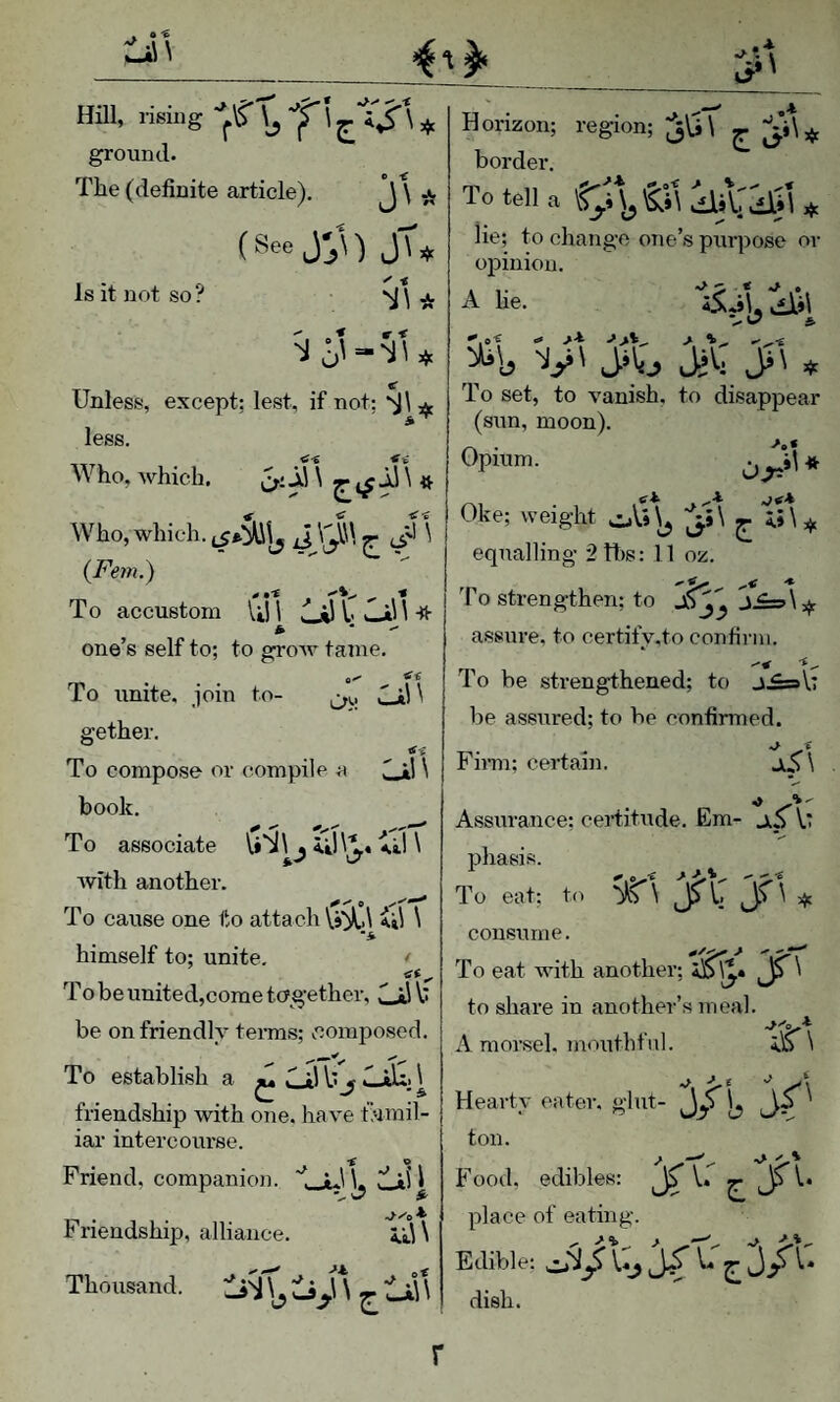 jU ^ *^*•1 .il \ Hill, rising \ ^ ground. The (definite article). j \ ^ (See J';\) JU Is it not so ? ^ < Unless, except: lest, if not; *^1 less. Who, which. Who, which. J ^ ^ (Fern.) To accustom Uli I-* one’s self to; to groAv tame. To unite, join to¬ Horizon; region; :^\^\ ^ border. To tell a lie; to change one’s pxxrpose or opinion. A lie. VVi? ^ ',»« .» >-1 V' JjV. Ji' » To set, to vanish, to disappear (sxxn, moon). Opium. * Oke; weight o\.»\^ ^ 2.»\,>c equalling 2tt)s: 11 oz. To strengthen; to assxu'e, to certify.to confirm. To be strengthened; to j.£s3\.T Ixe assxxred; to be confirmed. gether. W To compose or compile a \ book. To associate ^ xvith another. To caxxse one to attach \.9’i\,.\ \ himself to; unite, ' To be united,come tcfgether, liJV- be on friendly tei’ms; ^composed. To establish a friendship with one. have famil¬ iar intercoxxrse. Friend, companion. 'LJuU diH Friendship, alliance, i-jr\ Thousand. ^■^\\ Finn; certain. jS\ ■» Jl> ' Assurance; cei’titxxde. Em- ^5 V* To eat; to sri 'Jl 'S\* consume. To eat with another; a1^. JT^ to share in anothei-’s meal. A mor.sel. moxxthfnl. i£ \ Hearty eater, glut- 3/L jr' ton. Food. edibles: ^ V. ^ JT V. ^ —* place of eating Edible: -ft. dish. r