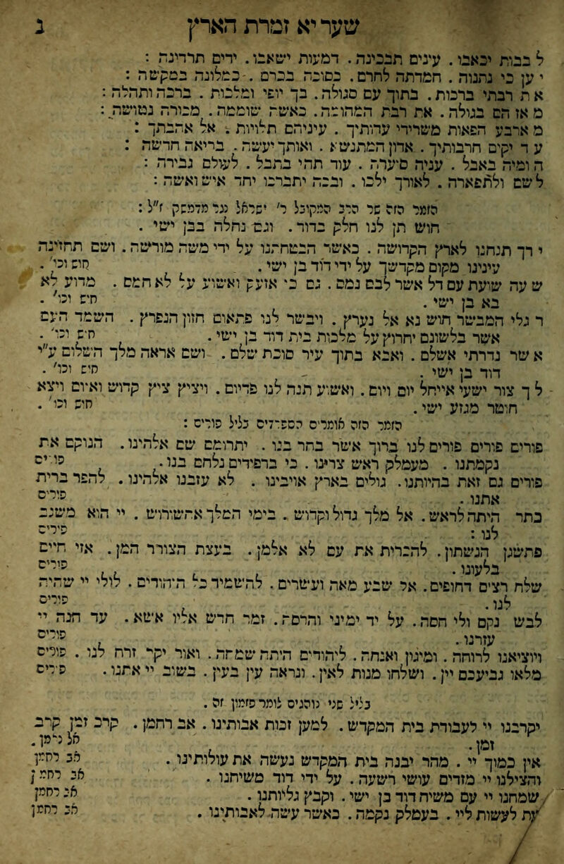 ב שער יא זמרת הארץ ^ בבות יכאבו. עעים תבכינה. דמעות ישאבו. ידים תרדינדו ; י ק כי נתנוה . חמדתה לחרם. כסוכה בכרם .-כמלונה במקשה : א ת רבתי ברכות. בתוך עם סגולה. בך יובי ומלכות . ברכה ותהלה ; מאז הם בגולר,. את רבת המר.ומד,. באשה שוממה. מבורר. נטושים: מ ארבע הפאות משרירי עדותיך . עיניהם תלויות אל אהבתך : ע ד יקים חרבותיך. ארון המתנשא . ואותך יעשה. בריאה חדשה : ה ומיד. באבל . עניה ס־ערר. . עור תהי בתבל . לעולם גבירה : ל שם ולתפארה . לאורך ילכו. ובנה יתברכו יחד איש ואשד.: הזמר הזל שר הרנ המקונל ר׳ ישראל נגר מדמשק ז״ל: חוש תן לנו חלק בדור. וגס נחלה בבן ישי . י רך תנחנו לאריסי הקרושה . כאשד הבטחתנו על ידי משיה מורישה. ושים תחזינה עינינו מקום מקדשך על ידי חד בן ישי. לזוש ו^/' < ש עה שיעת עם דל אשר לבם נמס. גם בי אזעק ואשוע על לא חמם . מדוע לא בא בן ישי. ח'־ • ר גלי המבשר תוש נא אל נערץ . ויבשר לנו פתאום חזון הנפרץ . השמד העם אשר בלשונם יחרוץי על מלכות בית דוד בן ישי. ח־ש י״' • א שר נדרתי אשלם . ואבא בתוך עיר סוכת שילם. ושם אראה מלך השלום ע'י דוד בן ישי . ״ • ל ך צור ישעי אייחל יום ויום. ואשוע תנה לנו פריום. ויציץ ציץ קדושי ואיום ויצא חוטר מגזע ישיי. י׳י' • הזמר הזה אומרם הסש־דיס כליל פורש : פורים פורים פורים לנו ברוך אשר בהר בנו. יתרומם שם אלהינו. הנוקם את נקמתנו . מעמלק ראש צרינו. כי ברפידים נלחם בנו • פורים גם זאת בהיותנו. גולים בארץ אויבינו . לא עזבנו אלהינו. להפר ברית אתנו. כתר היתד. לראש. אל מלך גדול וקדוש. בימי המלךאהשורוש . יי הוא משינב לנו: סשי פתשגן הטטתון. להכרית את עם לא אלמן. בעצת הצורר המן. אזי חיים 'בלעונו. סירים שלח רצים דחופים. אל שבע מאה ועשרים. להשמיד כל ה־ד.ורים . לולי יי שהיה לנו. ' סורים לבש נקם ולי הסה. על יד ימיני והרסה. זמר חדש אליו אימא. עד הנה יי חיי״יש עזרנו • , ׳׳ ויוציאנו לרוחד.. ומיטן ואנחה. ליהודים היתד. •שמהר,. ואור יקי* זרח לנו . סורים מלאו גביעבם יין. ושלחו מנות לאין. ונראה עין בעין. בשוב יי אתנו. פ דים נציל שני נוהגים לומר פזמון זה . יקרבנו יי לעבודת בית המקדש. למען זכות אבותינו. אב רחמן. קרב זמן קרב זמן. סל טמן. אין כמוך יי. מהר יבנה בית המקדש נעשה את עולותינו. ר.ב יחסן והצילנו יי מזרים עושי רשעה . על ידי דוד משיחנו . אכ יחס / , שמחנו יי עם משיה דוד בן ישי. וקבץ גליותנו. א: רחק /ת לעשות ליי. בעמלק נקמה. כאשר עשה. לאבותינו. א־נ יחסו