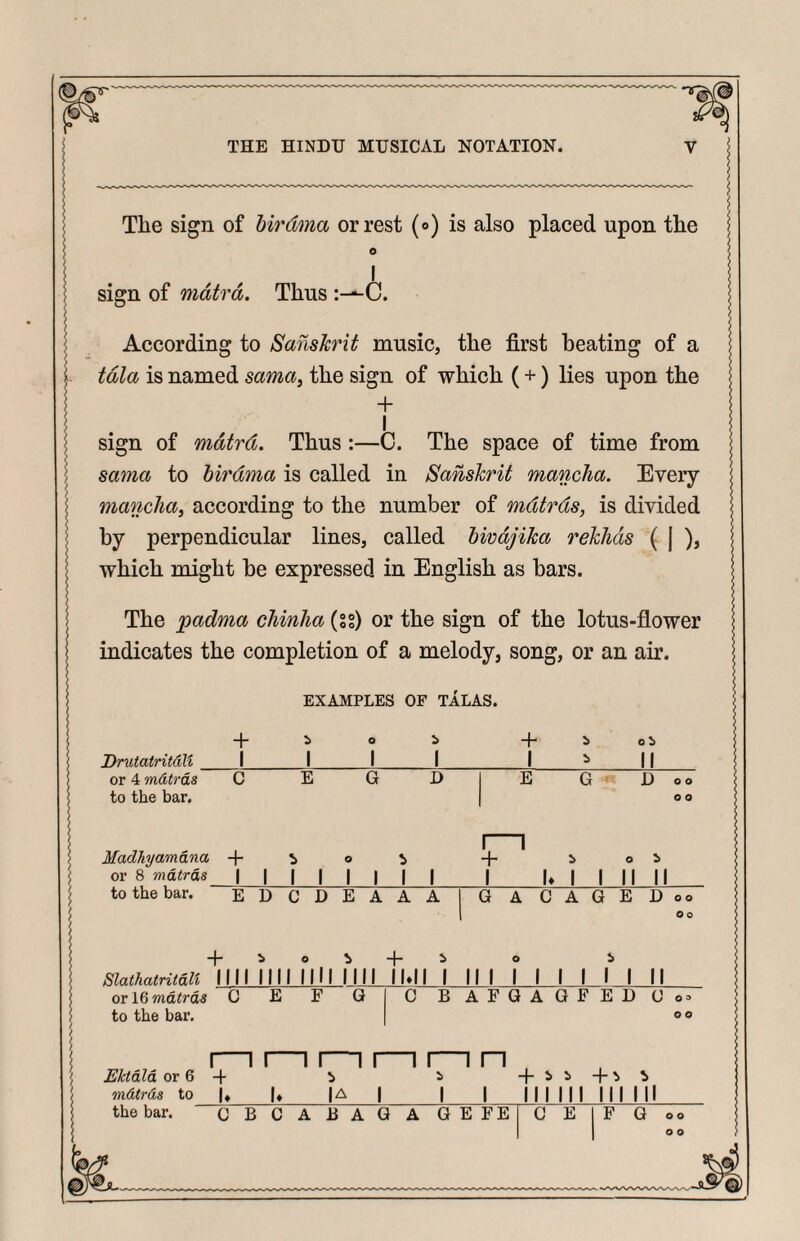 The sign of birdma or rest (<>) is also placed upon the O I sign of mdtrd. Thus :-^C. According to Sanskrit music, the first beating of a tala is named sama, the sign of which ( +) lies upon the + I sign of mdtrd. Thus :—C. The space of time from sama to birdma is called in Sanskrit mancha. Every mancha, according to the number of mdtrds, is divided by perpendicular lines, called bivdjika reklids ( j ), which might be expressed in English as bars. The padma cliinha (ss) or the sign of the lotus-flower indicates the completion of a melody, song, or an air. EXAMPLES OF TALAS. + O :> 4 0 b Drutatritdll 1 1 1 1 1 i n or 4 mdtrds C E G D 1 E G D O O to the bar. * o o Madhyamdna + i O !> 1- 4- 1 i o b or 8 mdtrds 1 1 1 1 1 1 1 1 1 U 1 1 n n to the bar. E D ODE A A A G 1 L G A G E D o o 0 0 + o ^ + C b Slathatritdli nil III 1 nil III 1 lull 1 11 1 1 1 1 1 1 1 11 ov IQ mdtrds G E F Q 1 ^ B A F G A G F E D G O a to the bar. 1 o o 1—1 1-1 1-1 1—1 1—I n 4 ^ i Ektdld or 6 4 4 ^ b mdtrds to U u |A 1 1 1 III III III III the bar. G B c ABA G A G E FE G E F G o o
