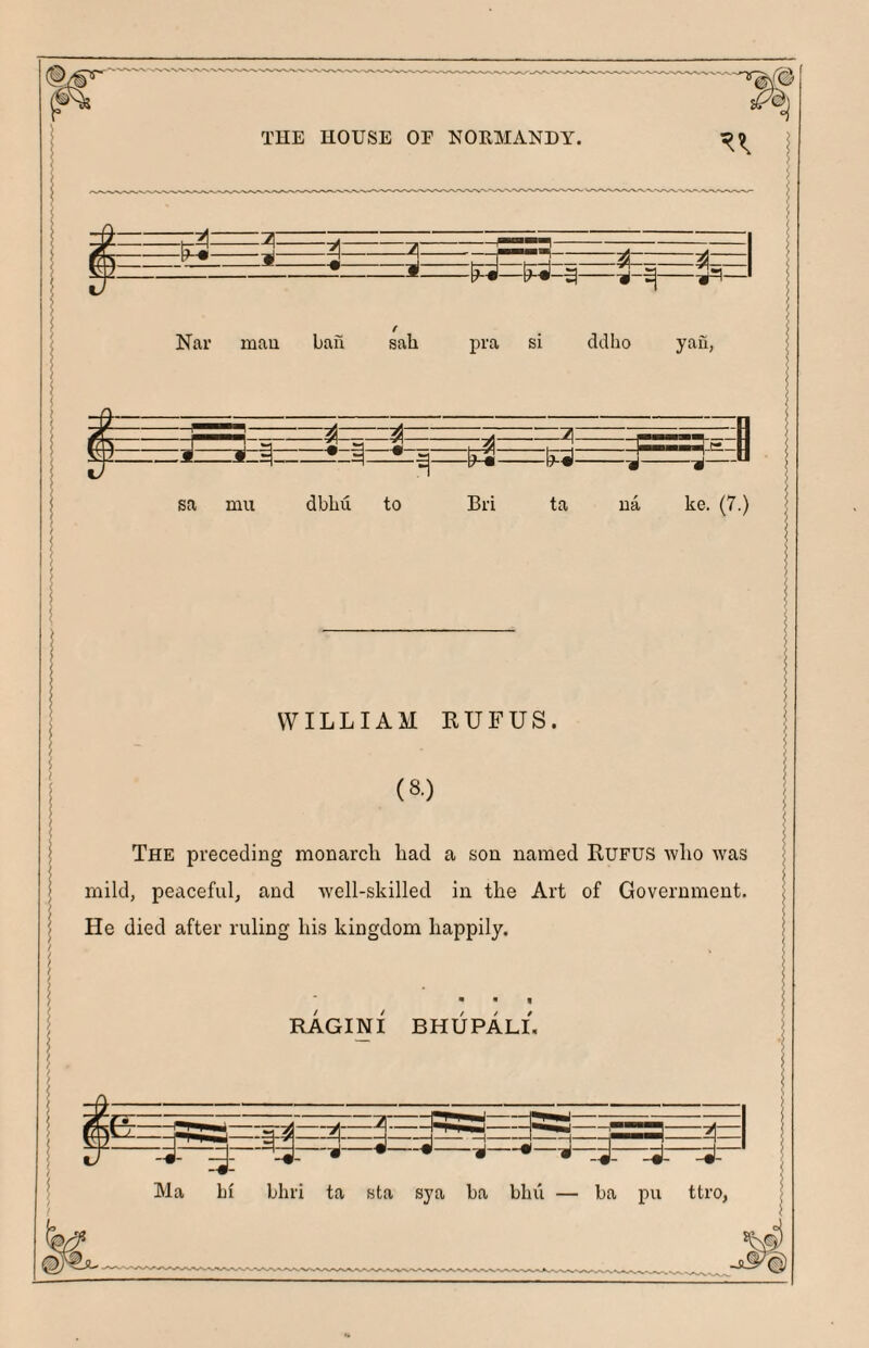 ' THE HOUSE or NORMANDY. :i; '-A- --m- § Nar mau ban sah pra si ddho yau, liZr sa mu dbbu to Eli ta ua =p=?s=| -d--d—° ke. (7.) WILLIAM KUFUS. (8) The preceding monarch had a son named Kufus who was mild, peaceful, and Avell-skilled in the Art of Government. He died after ruling his kingdom happily. • « t t » RAGINI BHUPALI. ■3—9r—-J.—i- Ma bi bbri ta sta sya ba blui — ba pu ttro, si