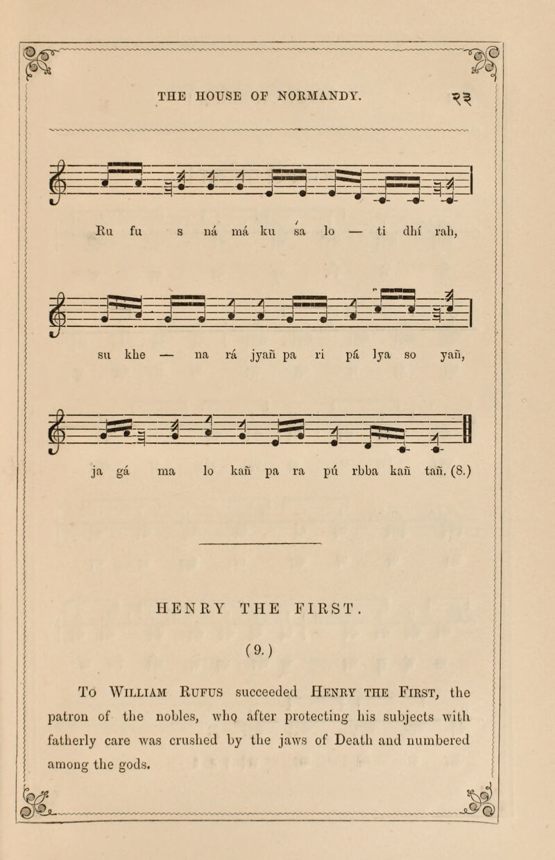 € THE HOUSE OF NORMANDY. :2i=z;q==jl=!5=::?iz^5=:^= ^—j|—-j—ii—*—*—— sii khe — na ra jyan pa ri pfi, lya so yan, ja ga ma lo kau pa ra pu rbba kau tafi. (8.) / ) / f I / ! { ----- i ( / ! I ; HENRY THE FIRST. / ) \ (9.) f / / \ To William Rufus succeeded Henry the First, the t j patrou of tlic nobles, who after protecting liis subjects with fatherly care was crushed by the jaws of Death and numbered among the gods.