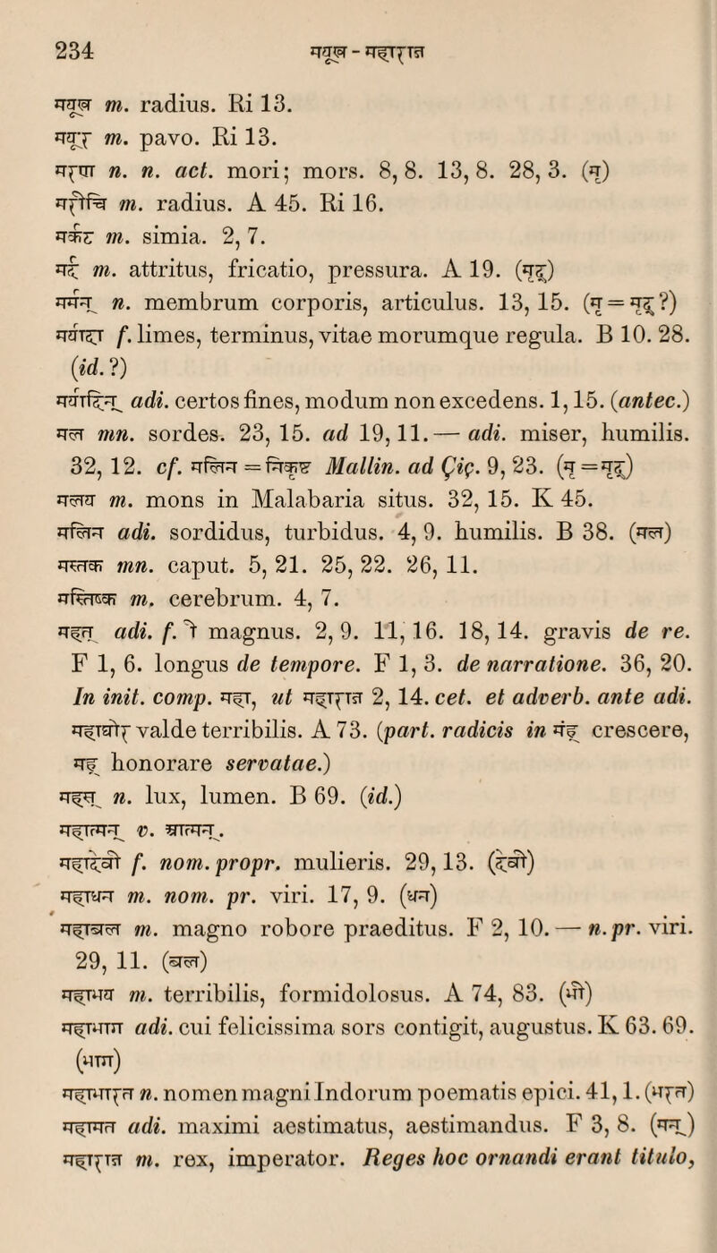 IT^ - JTfT^TsT m. radius. Ri 13. m. pavo. Ri 13. u^qr n. n. act. mori; mors. 8,8. 13,8. 28,3. (q) m. radius. A 45. Ri 16. m. simia. 2, 7. m. attritus, fricatio, pressura. A 19. (*t^) n. membrum corporis, articulus. 13,15. = uqT5T /'.limes, terminus, vitae morumque regula. B 10. 28. (id.?) adi. certos fines, modum non excedens. 1,15. (antec.) iTcfT mn. sordes. 23, 15. ad 19,11.— adi. miser, humilis. 32, 12. cf. Mallin. ad QiQ. 9, 23. ucrrq m. mons in Malabaria situs. 32, 15. K 45. adi. sordidus, turbidus. 4, 9. humilis. B 38. irergr mn. caput. 5, 21. 25, 22. 26, 11. m. cerebrum. 4, 7. adi. f.^ magnus. 2,9. 11,16. 18,14. gravis de re. F 1, 6. longus de tempore. F 1, 3. de narratione. 36, 20. In init. comp. ir^, ut 2, 14. cet. et adrerb. ante adi. valde terribilis. A 73. {part. radicis in^w crescere, >Tf honorare servatae.) n. lux, lumen. B 69. {id.) iT^TrJTq^ V. . f. nom. propr. mulieris. 29,13. (^df) m. nom. pr. viri. 17, 9. iTfTsrcrT m. magno robore praeditus. F 2, 10. — «.pr. viri. 29, 11. (^) m. terribilis, formidolosus. A 74, 83. (ut) u^uTu adi. cui felicissima sors contigit, augustus. K 63. 69. (UTU) u^TUT^fT n. nomen magni Indorum poematis epici. 41,1. (u^u) u^TUFT adi. maximi aestimatus, aestimandus. F 3, 8. (u^) u^^Tsi m. rex, imperator. Reges hoc ornandi erant titulo,