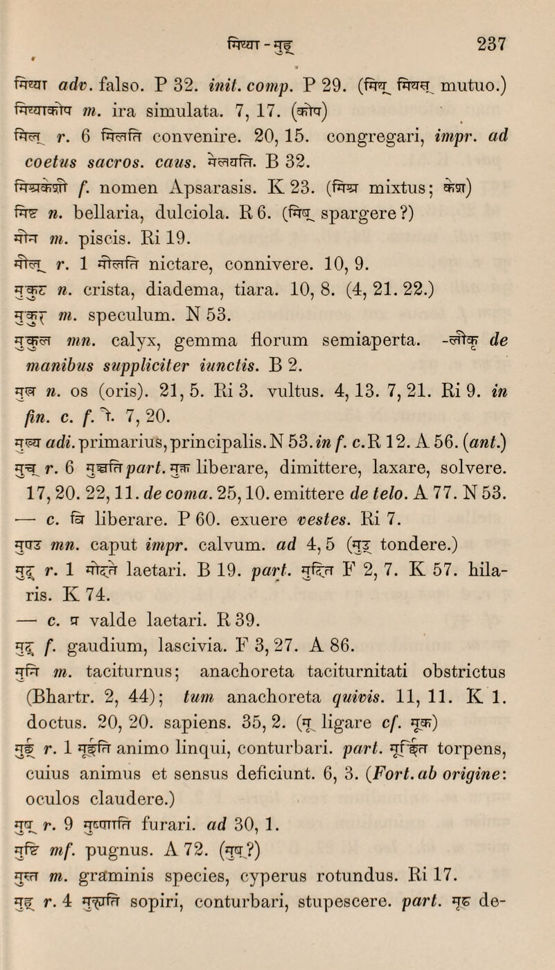 •s.5 fwT orfc. falso. P 32. init, conip. P 29. (f^ mutuo.) fn. ira simulata. 7, 17. (^Ftcr) pTcfT^ r. 6 convenire. 20, 15. congregari, impr. ad coetus sacros, caus. B 32. /■. nomen Apsarasis. K 23. (fer mixtus; ^sr) fe n. bellaria, dulciola. R6. spargere ?) fer m. piscis. Ri 19. r. 1 nictare, connivere. 10, 9. 5'^ n. crista, diadema, tiara. 10, 8. (4, 21. 22.) 5’^^ m. speculum. N 53. tnn. calyx, gemma florum semiaperta. de manibus suppliciter iunctis. B 2. gipr n. os (oris). 21,5. Ri 3. vultus. 4,13. 7,21. Ri 9. in fin. c. f. A 7, 20. ade. primarius,principalis. N 53. m f. c.R 12. A 56. {ant^ 5=^ r. 6 gwfupari. 3^ liberare, dimittere, laxare, solvere. 17, 20. 22, ll.de coma. 25,10. emittere de telo. A 77. N 53. ■— c. fsr liberare. P 60. exuere restes. Ri 7. gcTj mn. caput impr. calvum, ad 4, 5 (gx tondere.) 5^ r. 1 iTt5;n laetari. B 19. part. F 2, 7. K 57. hila¬ ris. K 74. —■ c. V valde laetari. R39. 5^ f- gaudium, lascivia. F 3, 27. A 86. fe m. taciturnus; anachoreta taciturnitati obstrictus (Bhartr. 2, 44); tum anachoreta quiris. 11, 11. K 1. doctus. 20, 20. sapiens. 35, 2. (jj ligare cf. jt^) r. 1JT^ animo linqui, conturbari, part. fe^ torpens, cuius animus et sensus deficiunt. 6, 3. (Fort, ab origine: oculos claudere.) r. 9 qcqTTfh furari, ad 30, 1. fe mf. pugnus. A 72. (q^?) 5^ m. graminis species, cyperus rotundus. Ri 17. r. 4 sopiri, conturbari, stupescere, part. de-