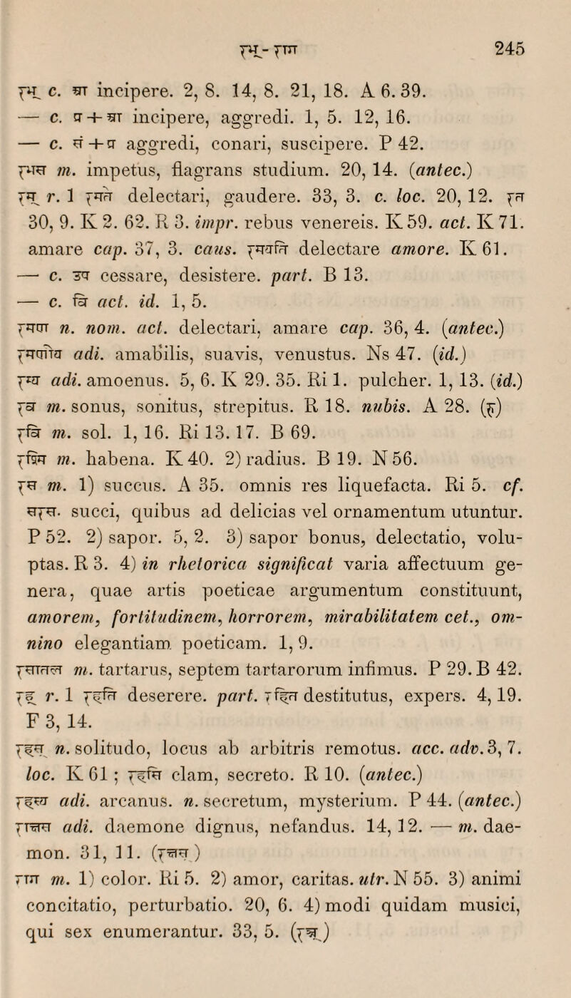 THL-fTiT c. OT incipere. 2, 8. 14, 8. 21, 18. A 6. 39. — c. g + ^T incipere, aggredi. 1, 5. 12, 16. — c. d+g aggredi, conari, suscipere. P 42. p-ra m. impetus, flagrans studium. 20, 14. (antec.) 7JT r. 1 delectari, gaudere. 33, 3. c. loc. 20, 12. 30, 9. K 2. 62. R 3. impr. rebus venereis. K59. act. K 71. amare cap. 37, 3. caus. delectare amore. K 61. —■ c. 3g cessare, desistere, part. B 13. — c. fg aci. id. 1, 5. fggf n. nom. act. delectari, amare cap. 36, 4. {antec) ^gmra adi. amabilis, suavis, venustus. Ns 47. {id.) pgr adi. amoenus. 5, 6. K 29. 35. Ri 1. pulcher. 1,13. {id.) /«.sonus, sonitus, strepitus. R 18. nubis. A 28. (^) m. sol. 1, 16. Ri 13.17. B 69. m. habena. K40. 2) radius. B 19. N 56. m. 1) succus. A 35. omnis res liquefacta. Ri 5. cf. epg. succi, quibus ad delicias vel ornamentum utuntur. P 52. 2) sapor. 5, 2. 3) sapor bonus, delectatio, volu¬ ptas. R 3. 4) in rhetorica significat varia affectuum ge¬ nera, quae artis poeticae argumentum constituunt, amorem, fortitudinem, horrorem, mirabilitatem cet., om¬ nino elegantiam, poeticam. 1, 9. pnirT^T ;?/. tartarus, septem tartarorum infimus. P29.B42. r. 1 7^ deserere, part. 7%t destitutus, expers. 4,19. F 3, 14. 71^ w. solitudo, locus ab arbitris remotus, acc. adr>.S,7. loc. K 61; T^fd clam, secreto. R 10. {antec.) 7^ adi. arcanus, n. secretum, mysterium. P 44. {antec.) 7r5m adi. daemone dignus, nefandus. 14,12.—///.dae¬ mon. 31, 11. (7^g) 7Tn m. 1) color. Ri 5. 2) amor, caritas, «/r. N 55. 3) animi concitatio, perturbatio. 20, 6. 4) modi quidam musici, qui sex enumerantur. 33, 5.