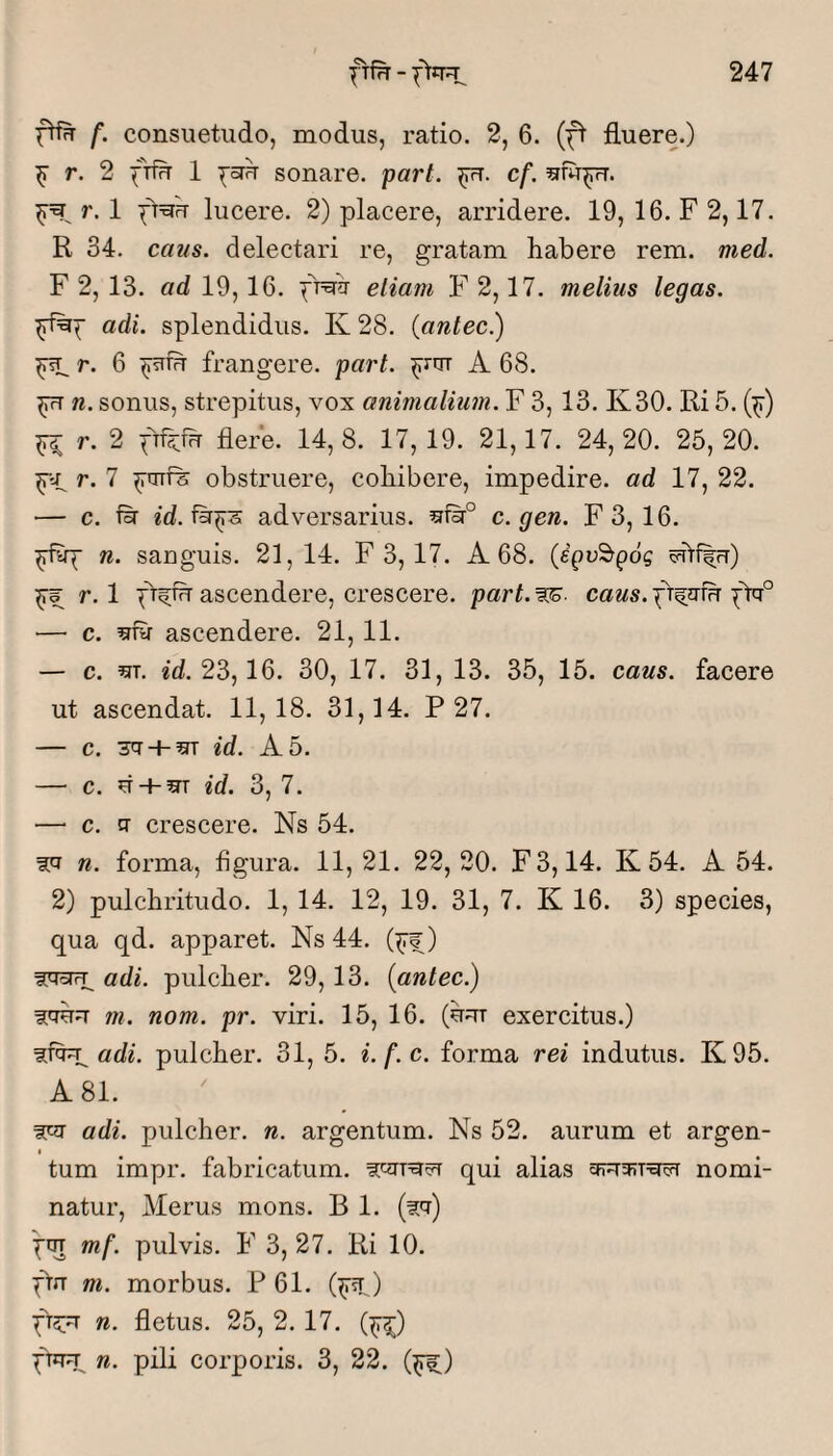 ftf^ f. consuetudo, modus, ratio. 2, 6. (f^ fluere.) ^ r. 2 friu 1 sonare, part. cf. ^ut^. ^%r.l ft=^rr lucere. 2) placere, arridere. 19, 16. F 2,17. R 34. ccn/s. delectari re, gratam habere rem. med. F 2, 13. ad 19,16. frcr^J eliam F2,17. melius legas, adi. splendidus. K 28. (antec.) ^ r. 6 frangere, part. A 68. ^ n. sonus, strepitus, vox animalium. F 3, 13. K30. Ri 5. (^) ^ r. 2 flere. 14, 8. 17, 19. 21,17. 24, 20. 25, 20. r. 7 obstruere, cohibere, impedire, ad 17, 22. — c. ^d. adversarius. c. gen. F 3, 16. n. sanguis. 21, 14. F 3, 17. A 68. crTflu) r. 1 fti;fu ascendere, crescere. part.Wo. caus.fr^uf^ frf — c. ascendere. 21,11. — c. ^T. id. 23,16. 30, 17. 31, 13. 35, 15. caus. facere ut ascendat. 11,18. 31,14. P 27. — c. + id. A 5. — c. id. 3, 7. — c. cr crescere. Ns 54. WJ n. forma, figura. 11, 21. 22, 20. F3,14. K 54. A 54. 2) pulchritudo. 1, 14. 12, 19. 31, 7. K 16. 3) species, qua qd. apparet. Ns 44. {j^) adi. pulcher. 29, 13. {antec.) m. nom. pr. viri. 15, 16. (uut exercitus.) adi. pulcher. 31, 5. i.f.c. forma rei indutus. K95. A 81. adi. pulcher, n. argentum. Ns 52. aurum et argen- * tum impr. fabricatum, qui alias nomi¬ natur, Merus mons. B 1. (i*?) ptn mf. pulvis. F 3, 27. Ri 10. ftrr m. morbus. P 61. (^iL) ft57T n. fletus. 25, 2. 17. (^^) ftiTT n. pili corporis. 3, 22. (p;)