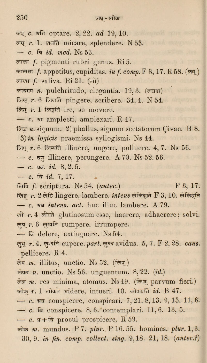 c. optare. 2, 22. ad 19, 10. cfTe r. 1. micare, splendere. N 53. — c. fsr id. med. Ns 53. ^rrerr f, pigmenti rubri genus. Ri5. ^Tc?ruT f. appetitus, cupiditas, in f. comp.F 3, 17. R,58. (cfra^) ^cFTT f. saliva. Ri 21. (^t) cfTTsra?! n. pulchritudo, elegantia. 19,3. (c?r5rijT) r. 6 pingere, scribere. 34,4. N 54. f?Tip r. 1 ire, se movere. — c. 5T amplecti, amplexari. R 47. n. signum. 2) phallus, signum sectatorum ^ivae. B 8. 3) in logicis praemissa syllogismi. Ns 44. r. 6 illinere, ungere, polluere. 4, 7. Ns 56. — c. 5^3 illinere, perungere. A 70. Ns 52. 56. — c. ^oT. id. 8, 2. 5. — c. id. 7, 17. • f. scriptura. Ns 54. (antec.) F 3, 17. r. 2 lingere, lambere, intens F 3, 10. — c. ^sr intens. act. huc illuc lambere. A 79. ^ r. 4 glutinosum esse, haerere, adhaerere; solvi. r. 6 rumpere, irrumpere. — delere, extinguere. Ns 54. ^ r. 4. cupere. part. avidus. 5, 7. F 2, 28. cans. pellicere. R 4. m. illitus, unctio. Ns 52. (f^q) ^qq n. unctio. Ns 56. unguentum. 8, 22. {id) m. res minima, atomus. Ns49. parvum fieri.) 5Ff>qi r. 1 cfitcRh videre, intueri. 10. id. B 47. ■— c. conspicere, conspicari. 7,21.8,13. 9,13. 11,6. — c. fsr conspicere. 8, 6.'contemplari. 11,6. 13,5. — c. q+& procul prospicere. R 59. ciitq? m. mundus. P 7. plur. P 16. 55. homines. p/</r. 1,3. 30,9. in (in. comp. collect. sing. 9,18. 21,18. (^antec.?)