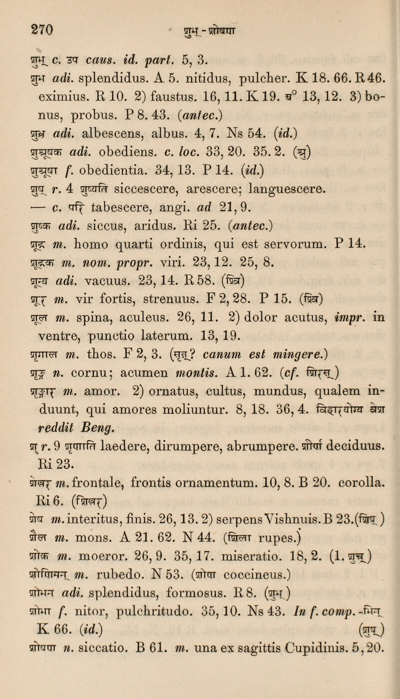 ^ c. 3^ caus. id. pari. 5, 3. ^ adi. splendidus. A 5. nitidus, pulcher. K 18. 66. R46. eximius. R 10. 2) faustus. 16, 11. K 19. 13, 12. 3) bo¬ nus, probus. P 8. 43. (antec.) ^ adi. albescens, albus. 4, 7. Ns 54. (id.) adi. obediens. c. loc. 33, 20. 35. 2. (^) CT5TOT f. obedientia. 34, 13. P 14. (id.) r. 4 siccescere, arescere; languescere. — c. oip tabescere, angi, ad 21,9. mcF adi. siccus, aridus. Ri 25. (antec.) ^ m. homo quarti ordinis, qui est servorum. P 14. m. nom. propr. viri. 23,12. 25, 8. adi. vacuus. 23, 14. R58. (%) srp m. vir fortis, strenuus. F 2,28. P 15. (fsa’) m. spina, aculeus. 26, 11. 2) dolor acutus, impr. in ventre, punctio laterum. 13, 19. snn^ m. thos. F 2, 3. canum est mingere.) ST^ n. cornu; acumen montis. A 1. 62. (c/*. sT^Tp m. amor. 2) ornatus, cultus, mundus, qualem in¬ duunt, qui amores moliuntur. 8, 18. 36, 4. im reddit Beng. OT r. 9 sTinifu laedere, dirumpere, abrumpere. sTttiT deciduus. Ri 23. snsp m. frontale, frontis ornamentum. 10, 8. B 20. corolla. Ri6. (f5Mp) STGT m. interitus, finis. 26,13. 2) serpens Vishnuis.B 23.(%?J m. mons. A 21. 62. N 44. (fw^T rupes.) 5itap? m. moeror. 26,9. 35,17. miseratio. 18,2. (1.^^) m. rubedo. N 53. coccineus.) STfiru adi. splendidus, formosus. R8. (^u) sibu f. nitor, pulchritudo. 35,10. Ns 43. In f. comp.-f^^ K 66. (id.) (^q;) aTtum n. siccatio. B 61. m. una ex sagittis Cupidinis. 5,20.