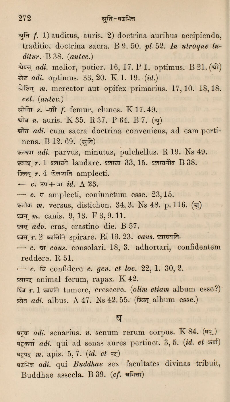 ^irr f. 1) auditus, auris. 2) doctrina auribus accipienda, traditio, doctrina sacra. B 9. 50. pL 52. In utroque lu¬ ditur. B 38. (antec.) melior, potior. 16, 17. P 1. optimus. B21.(^) w adi. optimus. 33, 20. K 1. 19. (id.) m. mercator aut opifex primarius. 17, 10. 18,18. cet. (antec.) s. -ml f. femur, clunes. K17.49. 5it3r n. auris. K 35. R 37. P 64. B 7. (^g) 5drT adi. cum sacra doctrina conveniens, ad eam perti¬ nens. B 12. 69. (^Ih) adi. parvus, minutus, pulchellus. R 19. Ns 49. r. 1 laudare, 33, 15. B 38. r. 4 fs5=Tca-fu amplecti. — c. id. A 23. — c. d amplecti, coniunctum esse. 23,15. m. versus, disticlion. 34, 3. Ns 48. p. 116. (g) m\m. canis. 9,13. F3, 9.11. asiu^ adr. cras, crastino die. B 57. asi^ r. 2 asrfdiH spirare. Ri 13. 23. caus. aaTugiu. ■—■ c. caus. consolari. 18, 3. adhortari, confidentem reddere. R 51. ■— c. fd confidere c. gen. et loc. 22, 1. 30, 2. aoTTu?^ animal ferum, rapax. K 42. faoT r. 1 a^afu tumere, crescere, (olim etiam album esse?) airu adi. albus. A 47. Ns 42.55. (fefr^ album esse.) adi. senarius, n. senum rerum corpus. K 84. (<aq;,) adi. qui ad senas aures pertinet. 3, 5. (id. et m. apis. 5, 7. (id. et 't?:) adi. qui Buddhae sex facultates divinas tribuit, Buddhae assecla. B 39. (cf. ^furu)