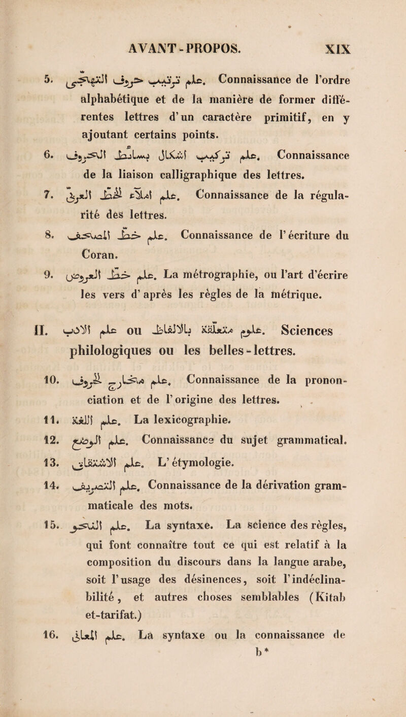 \ 5. Connaissance de l’ordre alphabétique et de la manière de former diffé¬ rentes lettres d’un caractère primitif, en y ajoutant certains points. £ 6. JLjC^Î Connaissance de la liaison calligraphique des lettres. 7. Connaissance de la régula¬ rité des lettres. w 8. Jaà> jjLc. Connaissance de l’écriture du Coran. 9. La métrographie, ou Fart d’écrire les vers d’après les règles de la métrique. %w IL ou J:?Ui^Lj '»,rIxXa Sciences philologiques ou les belles - lettres. 10. Connaissance de la pronon¬ ciation et de l’origine des lettres. 11* XijJÎ jjb, La lexicographie. 12. Connaissance du sujet grammatical. 13. L’étymologie. 14. Connaissance de la dérivation gram¬ maticale des mots. V 15. jjlc. La syntaxe. La science des règles, qui font connaître tout Ce qui est relatif à la composition du discours dans la langue arabe, soit l’usage des désinences, soit l’indéclina- bilité, et autres choses semblables (Kitab et-tarifât.) jJLc. Là syntaxe ou la connaissance de b* 16.