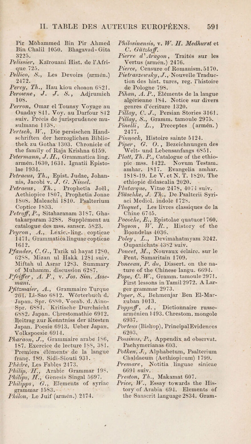 Pir Môhammed Bin Pir xYhmed Bill Chalil 1050. Bhagavad-Gita 3225. Pelissier, Kaïrouani Hist. de l’Afri¬ que 725. Pellico, S., Les Devoirs (arméii.) 2472. Percy, Th., Hau kiou choaon 6S21. Peroivne, J. J. S., Adjrumieh 108. Perron, Omar el Tounsy Voyage au Ouaday 841. Voy. au Darfour 8J2 suiv. Précis de jurisprudence mu¬ sulmane 1138. Pertsch, TV., Die persischen Hand- schriften der herzoglichen Biblio- thek zu Gotha 1303. Chronicle of tire family of Raja Krishna 6159. Petermann, J.H., Grammatica ling. armén.1630, 1631. Ignatii Episto- lae 1934. Petraeus, Th., Epist. Judae, Johan- nis, Jacobi v. J. G. Nissel. Petraeus, Th., Prophetia Joël, Aethiopice 1807. Prophetia Jonae 18o8. Maleachi 1810. Psalterium Coptice 1833. > Petroff, P., Sitaharanam 3187. Gha- takarparam 3288. Supplément au catalogue des mss. sanscr. 5823. Peyron, A., Lexic.-ling. copticae 1471. Grammatica linguae copticae 1612. Pfander, C. G., Tarik ul hayat 1280. 6288. Mizan ul Hakk 1281 suiv. Miftah ul Asrar 1283. Summary of Muhamm. discussion 6287. Pfeiffer, A. F., v. Jos. Sim. Asse- mani. Pjitzmaier, A., Grammaire Turque 26’4. Li-Sao 6812. Wôrterbuch d. Japan. Spr. 6880. Vocab. d. Aino- Spr. 6881. Kritische Durchsicht 6882. Japan. Chrestomathie 6912. Beitrag zur Kenntniss der âltesten Japan. Poesie 6913. Ueber Japan. Volkspoesie 6914. Pharaon, J., Grammaire arabe 186, 187. Exercice de lecture 188, 381. Premiers éléments de la langue franc. 189. Sidi-Siouti 931. Phedre, Les Fables 2473. Philip, H., Arabie Grammar 19*^. Philips, H., Genesis Singal 5697. Philipps, G., Eléments of syriac grammar 1583. Philon, Le Juif (armén.) 2474, Philosinensis, v. W. H. Medhurst et C. Gützlaff. Pierre d^Aragon, Traités sur les Vertus (armén.) 2476. Pierce, Censure of Romanism. 5170. Pietraszewsky, J., Nouvelle Traduc¬ tion des hist. turcs, reg. l’histoire de Pologne 798. Pihan, A. P., Éléments de la langue algérienne 184. Notice sur divers genres d’écriture 1320. Pillay, C. J., Persian Stories 3161. Pillay, S., Gramm. tamoule 2975. Pinelli, L., Préceptes (armén.) 2477. Pinnock, Histoire sainte 5124. Piper, G. O. , Bezeichnungen des Welt- und Lebensanfangs 6851. Platt, Th. P., Catalogue of the ethio- pic mss, 1422. Novum Testam. amhar. 1817. Evangelia amhar. 1818-19. Le V. etN. T. 1820. The ethiopic didascalia 2020. Plutarque, Vitae 2478, 4074 suiv. Plüschke, J. Th., De Psalterii Syri- aci Mediol. indole 1728. Pluquet, Les livres classiques de la Chine 6745. Pococke, E., Epistolae quatuor 1760. Pogson, TF. R. , History of the Boondelas 4036. Poley, L., Devimahatmyam 3242. Oupanichats 4382 suiv. Poncet, M., Nouvaux éclaire, sur le Peut. Samaritain 1709. Ponceau, P. du. Dissert, on the na¬ ture of the Chinese langu. 6694. Pope, C. TF., Gramm. tamoule 2971. First lessons in Tamil 2972. ALar- ger grammar 2973. Poper, S., Behmenjar Ben El-Mar- zuban 1013. Popqjoff, A. , Dictionnaire russe- arménien 1493. Chrestom. mongole 6937. Porteus (Bishop), PrincipalEvidences 6203. Possinus, P., Appendix ad observât. Pachymerianas 603. Potken, J., Alphabetum, Psalterium Chaldaeum (Aethiopicum) 1799. Premare, Notitia linguae sinicae 6691 suiv. Preston, Th., Makamat 607. Price, TF., Essay towards the His¬ tory of Arabia 694. Eléments of the Sanscrit language 2834. Gram-