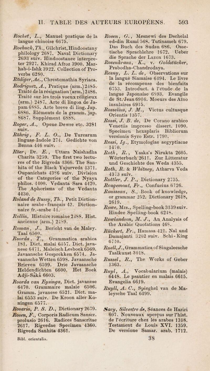 Rocket, L., Manuel pratique de la langue chinoise 6675. Roebuck, Th., Gilchrist, Hindoostany philology 2687. Naval Dictionary 2693 suiv. Hindoostanee interpré¬ ter 2927, KhiradAfroz 3900. Maz- hab-i-Ishk 3922. Collection of Pro- verbs 6280. Rüdiger,Ae., Chrestomathia Syriaca. Rodriguez, A., Pratique (arm.)2485. Traité de la résignation (arm.) 2486. Traité sur les trois voeux réligieux (arm.) 2487. Arte di lingoa de Ja- pam6885. Arte breve di ling. Jap. 6886. Éléments de la gramm. jap. 8687. Supplément 6888. Roger, A., Opene Dewre etc. 3281 suiv. R'ôkrig, F. L. O., De Turc arum linguae Indole 274. Gedichte von Benna 446 suiv. Rber, Dr. F., Uttara Naishadha Charita 3259. The first two lectu¬ res of the Rigveda 4366. The San- hita of the Black Yajurveda 4371. Oupanichats 4386 suiv. Division of the Categories of the Nyaya philos. 4400. Vedanta Sara 4420. The Aphorisms of the Vedanta 4430. Roland de Bussy, Th., Petit Diction¬ naire arabe-français 43. Diction- * naire fr.-arabe 44. Rollin, Histoire romaine 2488. Hist. ancienne (arm.) 2489. Roman, J., Bericht van de Maley. Taal 6500. Roorda, T., Grammatica arabica 181. Dict. malai 6457. Dict. java- nese 6471. MaleischLesboek 6569. Javaansche Gesprekken 6574. Ja- vaanscheWetten 6598. Javaansche Brieven 6599. Drie Javaansche Heldendichten 6600. Het Boek Adji-Sakâ 6603. Roorda van Fysinga, Dict. javanese 6470. Grammaire malaie 6506. Gramm. javanese 6521. Dict. ma¬ lai 6553 suiv. De Kroon aller Ko- ningen 6577. Rosario, P. S. D., Dictionary 2679. Rosen, F., Corporis Radicum Sanscr. prolusio 2616. Radices Sanscritae 2617. Rigvedae Specimen 4360. Rigveda Sanhita 4361. Bibl. orieiilalis. Rosen, G., Mesnewi des Dschelal ed-din Rumi 568. Tutinameh 679. Das Buch des Sudan 686. Osse- tische Sprachlehre 1672. Ueber die Sprache der Lazen 1673. Rosenkranz, K.., v. Goldstücker, Prabodha-Chandrodaya. Rosny, L. L. de. Observations sur la langue Siamaise 6494. Le livre de la récompense des bienfaits 6753. Introduct. à l’étude de la langue Japonaise 6S93. Évangile de St. Jean 6916. Moeurs desAïno insulaires 6915. Rosselius, J. M., Victus cultusque Orientis 1357. Rossi, J, B. de, De Corano arabico Venetiis impresso dissert. 1090. Specimen hexaplaris Bibliorum versionis Syro Estr. 1790. Rossi, Ig., Etymologiae aegyptiacae 1470. Roth, R., Yaska’s Nirukta 2605. Wôrterbuch 2611. Zur Litteratur und Geschichte des Weda 4355. Roth, R. & Whitney, Atharva Veda 4373 suiv. Rottler, J. P., Dictionary 2735. Rougemont, Fr., Confucius 6726. Rousseau, S., Book of knowledge, or grammar 252. Dictionary 2618, 2619. Rowe, Mrs., Spelling-book 3139suiv. Hindee Spelling-book 6248. Rowlandson, M. J., An Analysis of the Arabie Quotations 468. Rückert, Fr., Hamasa 421. Nal und Damajanti 3202 suiv. Schi-King 6740. Ruell, J., Grammatica of Singaleesche Taalkunst 3018. Russel, R., The Works of Geber 1363. Ruyl, A., Vocabularium (malais) 6448. Le psautier en malais 6615. Evangelia 6619. Ruyll, A. C., Spieghel van de Ma- leysche Taal 6499. Sacy, Silvestre de. Séances de Hariri 607. Nouveaux aperçus sur l’hist. de l’écriture chez les arabes 1318. Testament de Louis XYI. 1359. De versione Samar. arab. 1712. 38