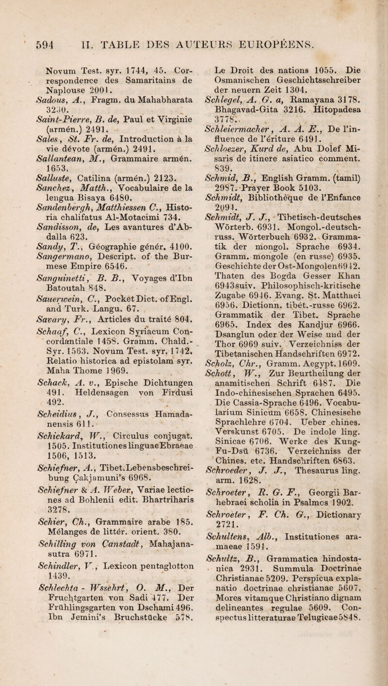 Novum Test. syr. 1744, 45. Cor- responderrce des Samaritains de Naplouse 2001. Sadous, A., Fragm. du Mahabharata 32ii0. Saint-Pierre^ B. de, Paul et Virginie (armén.) 2491. Sales, St. Fr. de, Introduction à la vie dévote (armén.) 2491. Sallantean, M., Grammaire armén. 1653. Salliiste, Catilina (armén.) 2123. Sanchez , Matth., Vocabulaire de la lengua Bisaya 6480. Sandenbergh, Matthiessen C., Histo- ria chalifatus Al-Motacimi 734. Sandisson, de. Les avantures d’Ab- dalla 623. Sandy, T., Géographie génér. 4100. Sangermano, Descript. of the Bur- mese Empire 6546. Sanguinetti, B. B., Voyages dTbn Batoutah 848. Sauerwein, C., PocketDict. ofEngl. and Turk. Langu. 67. Savary, Fr., Articles du traité 804. Schaaf, C., Lexicon Syriacum Con- cordantiale 1458. Gramm. Chald.- Syr. 1563. Novum Test. syr. 1742. Relatio historica ad epistolam syr. Maba Thome 1969. Schack, A. V., Epische Dichtungen 491. Heldensagen von Firdusi 492. Scheidins, J., Consessus Hamada- nensis 611. Schickard^ W., Circulus conjugat. 1505. Institutiones linguaeEbraeae 1506, 1513. Schiefner, A., Tibet.Lebensbeschrei- bung ÇakjamunTs 6968. Schiefner & A. Weber, Variae lectio- nes ad Bohlenii edit. Bhartriharis 3278. Schier, Ch., Grammaire arabe 185. Mélanges de littér. orient. 380. Schilling von Canstadt, Mahajana- sutra 6971. Schindler, V., Lexicon pentaglotton 1439. Schlechta - Wssehrt, O. M., Der Fruchtgarten von Sadi 477. Der Frühlingsgarten von Dschami496. Ibn Jemini’s Bruchstücke 578. Le Droit des nations 1055. Die Osmanischen Geschichtsschreiber der neuern Zeit 1304. Schlegel, A. G. a, Ramayana 3178. Bhagavad-Gita 3216. Hitopadesa 3778., Schleiermacher, A. A. F., De l’in¬ fluence de Tériture 6491. Schloezer, Kurd de, Abu Dolef Mi- saris de itinere asiatico comment. 839. Schmid, B., English Gramm. (tamil) 29S7.-Prayer Book 5103. Schmidt, Bibliothèque de l’Enfance 2094. Schmidt, J. J., Tibetisch-deutsches Wôrterb. 6931. Mongol.-deutsch- russ. Wôrterbuch 6932. Gramma- tik der mongol. Sprache 6934. Gramm. mongole (en russe) 6935. Geschichte der Ost-Mongolen6942. Thaten des Bogda Gesser Khan 6943suiv. Philosophisch-kritische Zugabe 6946. Evang. St. Matthaei 6956. Dictionn. tibét.-russe 6962. Grammatik der Tibet. Sprache 6965. Index des Kandjur 6966. Dsanglun oder der Weise uud der Thor 6969 suiv. Verzeichniss der Tibetanischen Handschriften 6972. Scholz, Chr., Gramm. Aegypt. 1609. Schott, W., Zur Beurtheilung der anamitischen Schrift 6487. Die Indo-chinesischen Sprachen 6495. Die Cassia-Sprache 6496. Vocabu- larium Sinicum 6658. Chinesische Sprachlehre 6704. Ueber chines. Verskunst 6705. De indole ling. Sinicae 6706. Werke des Kung- Fu-Dsil 6736. Verzeichniss der Chines, etc. Handschriften 6863. Schroeder, J. J., Thésaurus ling. arm. 1628. Schroeter, R. G. F., Georgii Bar- hebraei scholia in Psalmos 1902. Schroeter, F. Ch. G., Dictionary 2721. Schultens, Alb., Institutiones ara- maeae 1591. Schultz, B., Grammatica hindosta- nica 2931. Summula Doctrinae Christianae 5209. Perspicua expla- natio doctrinae christianae 5607. Mores vitamque Christiano dignam delineantes regulae 5609. Con- spectus litteraturae Telugicae584S.