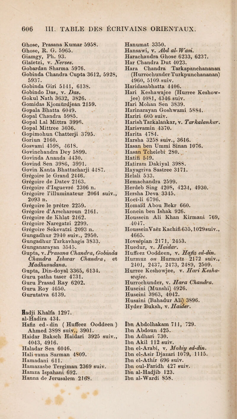 Ghose, Prasana Kumar 5958. Ghose, R. G. 5965. Giamgy, Ph. 93. Glaïetzi, v. Nerses. Gobardan Sharma 5976. Gobinda Chandra Cupta 3612, 5928, 5937. Gobinda Giri 5141, 6138. Gobindo Das, v. Dos. Gokul Natb 3632, 3826. Gomidas Kjomürdjean 2159. Gopala Bhatta 6049. Gopal Chandra 5985. Gopal Lal Mittra 3996. Gopal Mittree 3036. Gopimohnn Chatterji 3795. Goriun 2160. Gosvami 4598, 4618. Govincbandra Dey 5899. Govinda Ananda 4430. Govind Sen 3986, 3991. Govin Kanta Bhattacharji 4487. Grégoire le Grand 2446. Grégoire de Datev 2163. Grégoire d’Isguevré 2306 n. Grégoire rilluminateur 2064 suiv., 2093 n. Grégoire le prêtre 2259. Grégoire d’Arscharoun 2161. Grégoire de Khlat 2162. Grégoire Naregatzi 2299. Grégoire Sekevatzi 2093 n. Gungadhur 2940 suiv., 2950. Gungadhur Tarkavhagis 3833. Gunganarayan 3545. Gupta, y. Prasana Chandra, Gohinda Chandra Ishwar Chandra, et Madhusudana, Gupta, Din-doyal 3365, 6134. Guru patba taser 4731. Guru Prasad Ray 6202. Guru Roy 4650. Gurutatva 6139. HadjiKhalfa 1297. al-Hadira 434. Hafiz ed - din ( Huffeez Ooddeen ) Ahmed 3898 suiv., 3901. Haidar Baksch Haidari 3925 suiv., 4043, 4916. Haladar Sen 6046. Hali rama Sarman 4809. Hamadani 611. Hamazasbe Tergiman 2369 suiv. Hamza Ispahani 692. Hanna de Jérusalem 2108. Hanumat 3350. Hansawi, v. Ahd al- TVasi. Harachandra Ghose 6233, 6237. Har Chandra Dut 4023. Hara Chandra Tarkapanchananan (Hurrochunder Turkpunchananan) 4960, 5109 suiv. Haridasabhatta 4406. Hari Keshawajee (Hurree Keshow- jee) 4081, 4346 suiv. Hari Mohan Sen 3839. Harinarayan Goshwami 5884. Hariri 605 suiv. HarishTarkalankar, v. Tarkalankar. Harisvamin 4370. Harita 4784. Harsha 3258 suiv., 3616. Hasan ben Ummi Sinan 1076. Hasan Tchelebi 280. Hatifi 549. Hatiram Dakiyal 3988. Hayagriva Sastree 3171. Helali 533. Hemachandra 2599. Herdeb Sing 4208, 4234, 4930. Hersha Deva 3345. Hoeï-li 6796. Homaïd Abou Bekr 660. Honein ben Ishak 926. Houssein Ali Khan Kirmani 769, 4047. HousseinVaëz Kachifi635,1029suiv., 4665. Hovsépian 2171, 2453. Huedur, v. Haidar. Huffeez Ooddeen, v. Hajiz ed-din. Hurmuz ou Hurmutz 2172 suiv., 2401, 2437, 2473, 2489, 2509. Hurree Keshowjee, v. Hari Kesha- wajee. Hurrochunder, v. Hara Chandra. Huseini (Munshi) 4926. Huseini 3963, 4042. Husaini (Bahadur Ali) 3896. Hyder Buksh, v. Haider. Ibn Abdolhakam 711, 729. Ibn Abdoun 425. Ibn Adhari 730. Ibn Akil 112 suiv. Ibn el-Arabi, v. Mohiy ed-din. Ibn el-Asir Djazari 1079, 1115. Ibn el-Athir 696 suiv. Ibn oul-Paridh 427 suiv. Ibnal-Hadjib 123. Ibn al-Wardi 858.