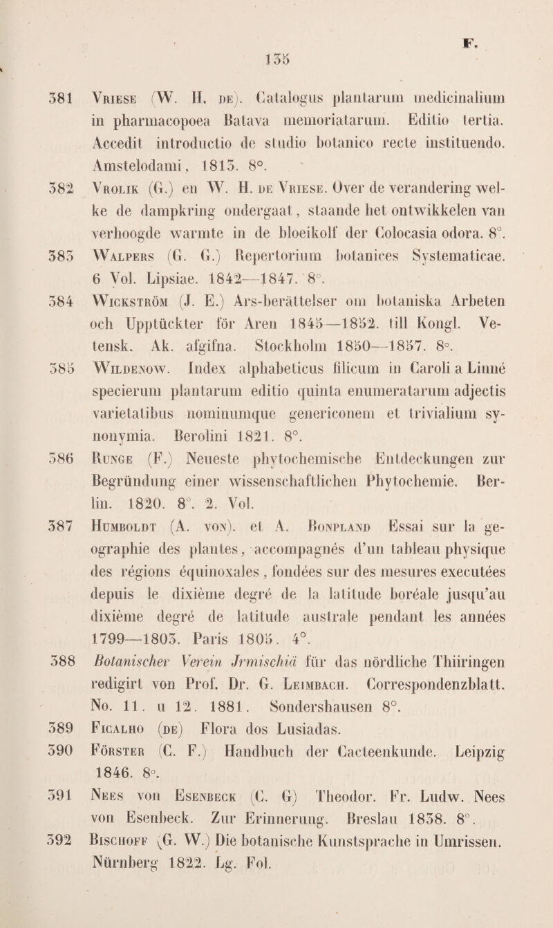 135 381 Vriese (W. H. de). Catalogus plantarum medieinalium in pharmacopoea Batava memoriatarum. Edilio tertia. Accedit introductio de studio botanico recte instituendo. Amstelodami, 1813. 8°. 382 Vrolik (G.) en W. H. de Vriese. Over de verandering wel¬ ke de dampkring ondergaat, staande liet ontwikkelen van verhoogde warmte in de bloeikolf der Colocasia odora. 8°. 383 Walpers (G. G.) Repertorium botanices Systematicae. 6 Vol. Lipsiae. 1842—1847. 8C. 384 Wickström (J. E.) Ars-berattelser om botaniska Arbeten och Upptückter för Aren 1845—1852. til! Kongl. Ve- tensk. Ak. afgifna. Stockholm 1850—1857. 8°. 385 Wildenow. Index alphabeticus filicum in Caroli a Linné specierum plantarum editio quinta enumeratarum adjectis varietatibus nominumque genericonem et trivialium sy- nonymia. Berolini 1821. 8°. 586 Bunge (F.) Neueste phytochemische Entdeckungen zur Begründung einer wissenschaftlichen Phytochemie. Ber- lin. 1820. 8°. 2. Vol. 387 Humboldt (A. von). et A. Bonpland Essai sur la ge- ographie des planles, accompagnés d’un tableau physique des régions équinoxales, fondées sur des mesures executées depuis le dixième degré de la latitude horéale jusqu’au dixième degré de latitude australe pendant les années 1799-1803. Paris 1805. 4°. 388 Botanischer Verein Jrmischid fttr das nördliche Thiiringen redigirt von Prol'. Dr. G. Leimbach. Correspondenzhlatt, No. 11. u 12. 1881. Sondershausen 8°. 589 Figalho (de) Flora dos Lusiadas. 590 Förster (C. F.) Handhuch der Cacteenkunde. Leipzig 1846. 8°. 391 Nees von Esenbegk (C. G) Theodor. Fr. Ludw. Nees von Esenbeck. Zur Erinnerung. Breslau 1838. 8°. 392 Bischoff (G. W.) Die botanische Kunstsprache in Umrissen. Nürnberg 1822. Lg. Fol.