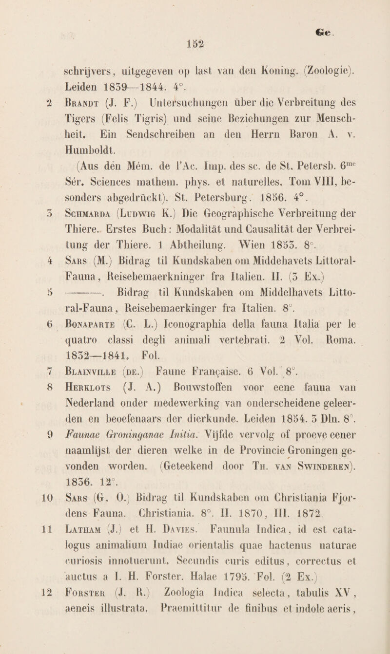 schrijvers, uitgegeven op last van den Koning. Zoologie). Leiden 1839- 1844. 4°. 2 Brandt (J. P.) Untersuchungen über die Verbreitung des Tigers (Felis Tigris) und seine Beziehungen zur Mensch- heit. Ein Sendschreiben an den Herrn Baron A. v. Humboldt. (Aus den Mém. de 1’Ac. Imp. des sc. de St. Petersb. 6me Sér. Sciences mathem. phys. et naturelles, Tom VIII, be- sonders abgedrückt). St. Petersburg. 1856. 4°. 5 Scbmarda (Ludwig K.) Die Geographische Verbreitung der Thiere. Erstes Buch: Modalitat und Causalitat der Verbrei¬ tung der Thiere. 1 Abtheilung. Wien 1853. 8°. 4 Sars (M.) Bidrag til Kundskaben om Middehavets Littoral- Fauna, Reisebemaerkninger fra Italien. II. (3 Ex.) 5 ——-. Bidrag til Kundskaben om Middelhavets Litto- ral-Fauna, Reisebemaerkinger fra Italien. 8°. 6 Bonaparte (C. L.) Iconographia della fauna Italia per le quatro classi degli animali vertebrati. 2 Vol. Roma. 18325—1841, Fol. 7 Blainville (de.) Faune Francaise. 6 Vol' 8°. 8 Herklots (J. A.) Bouwstoffen voor eene fauna van Nederland onder medewerking van onderscheidene geleer¬ den en beoefenaars der dierkunde. Leiden 1854. 3 Dln. 8°. 9 Faunae Groninganae Initia. Vijfde vervolg of proeve eener naamlijst der dieren welke in de Provincie Groningen ge¬ vonden worde ti. 'Ge leek end door Th. van Swinderen). 1856. 12 \ 16 Sars (G. O.) Bidrag til Kundskaben om Christiania Fjor¬ den* Fauna. Christiania. 8°. II. 1870, lil. 1872 11 Latham (J.) et H. Da vies. Faunula Indica, id est cata¬ logus animalium Indiae orientalis quae hactenus naturae curiosis innotuerunt. Secundis curis editus, correctus et auctus a I. H. Forster. Halae 1795. Fol. (2 Ex.) 12 Forster (J. R.) Zoologia Indica selecta, I alm lis XV, aeneis illustrata, Praemittitur de finibus et indole aeris,