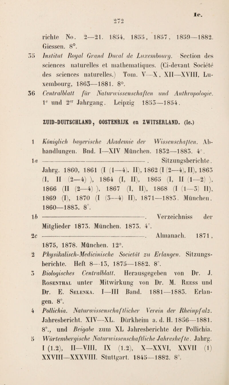 <)i> 36 lichte No. 2—21. 1854, 1855, 1857, 1859—1882. Giessen. 8°. Insiitut Royal Grand Ducal de Luxembourg. Section des Sciences naturelles et mathematiques. (Ci-devant Société des Sciences naturelles.) Tom. V—X, XII—XVIII, Lu¬ xembourg, 1863—1881. 8°. Centralblatt für Naturwissenschaf'ten und Anthropologie. le und 2er Jahrgang. Leipzig 1853—1854. ZUID-DUITSOHLAND, OOSTENRIJK en ZWITSERLAND. (Ie.) 1 Königlich bayerische Akademie der Wissenschaften. Ab- handlungen. Bnd. I—XIV München. 1852—1885. 4°. ia-—-. Sitzungsberichte. Jabrg. 1860, 1861 (I (1—4). II), 1862 (I (2—4), II), 1863 (I, II (2—4) ), 1864 (I, II), 1865 (I, II (1—2) ), 1866 (II (2—4) ), 1867 (I, II), 1868 (I (1—3) II), 1869 (I), 1870 (I (3—4) II), 1871—1885. München. 1860—1885. 8°. 1 b ----. Verzeichniss der Mitglieder 1873. München. 1875. 4°. 2c __----—. Almanach. 1871, 1875, 1878. München. 12°. 2 Physikalisch-Medicinische Sociëteit zu Erlangen. Sitzungs¬ berichte. Heft 8—15, 1875—1882. 8°. 5 Biologisches Centralblatt. Herausgegeben von Dr. J. Rosenthal unter Mitwirkung von Dr. M. Reess und Dr. E. Selenka. I—III Band. 1881—1885. Erlan¬ gen. 8°. 4 Pollichia. Naturwissenschaf tlicher Verein der Rheinpfalz. Jahresbericht. XIV—XL. Dürkheim a. d. H. 1856—1881. 8°., und Beigabe zum XL Jahresberichte der Pollichia. 5 Würtembergische Naturwissenschaftliche Jahreshef te. Jahrg. I (1.2), II—VIII, IX (1.2), X—XXVI, XXVII (1) XXVIII—XXXVIII. Stuttgart. 1845—1882. 8°.