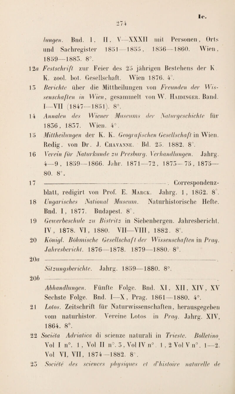 und Sachregister 1851—1855, 1856—1860. Wien , 1859—1885. 8°. 12a 15 14 Festschrift zur Feier des 25 jahrigen Bestellens der K K. zool. bot. Gesellschaft. Wien 1876. 4°. Berichte über die Mittheilungen von Freunden der Wis¬ senschaften in Wien, gesammelt von W. Haidinger. Band. I—VII (1847—1851). 8°. Annalen des Wiener Museums der Nafurgeschichte für 1856, 1857. Wien. 4°. 15 Mittheilungen der K. K. Geogra/ischen Gesellschaft in Wien. Redig. von Dr. J. Chavanne. Bd. 25. 1882. 8. 16 Verein für Naturkunde zu Presburg. Ver handlang en. Jahrg. 4—9, 1859—1866. Jahr. 1871—72 , 1875—75 , 1875— 80. 8°. 17 -—-— . Correspondenz- blatt, redigirt von Prof. E. Marck. Jahrg. 1, 1862. 8 . 18 Ungarisches National Museum. Naturhistorische Hefte. Bnd. I, 1877. Budapest. 8°. 19 Gewerbeschule zu Bistritz in Siebenbergen. Jahresbericht. IV, 1878. VI, 1880. VII—VIII, 1882. 8°. 20 Königl. Böhmische Gesellschaft der Wissenschaften in Prag. Jahresbericht. 1876—1878. 1879—1880.-8°. 20a ~— ---- -. Sitzungsberichte. Jahrg. 1859—1880. 8°. 20 b Abhandhingen. Fünfte Folge. Bnd. XI, XII, XIV, XV Sechste Folge. Bnd. I—X, Prag. 1861—1880. 4°. 21 Lotos. Zeitschrift für Naturwissenschaften, herausgegeben vom naturhistor. Vereine Lotos in Prag. Jahrg. XIV, 1864. 8°. 22 Sociéta Adriatica di scienze naturali in Trieste. Bolletino Vol I n°. 1, Vol II n°. 5, Vol IV n°. l,2VolVn°. 1—2. Vol VI, VII, 1874—1882. 8°. 25 Société des Sciences physiques et d'histoire naturelle de