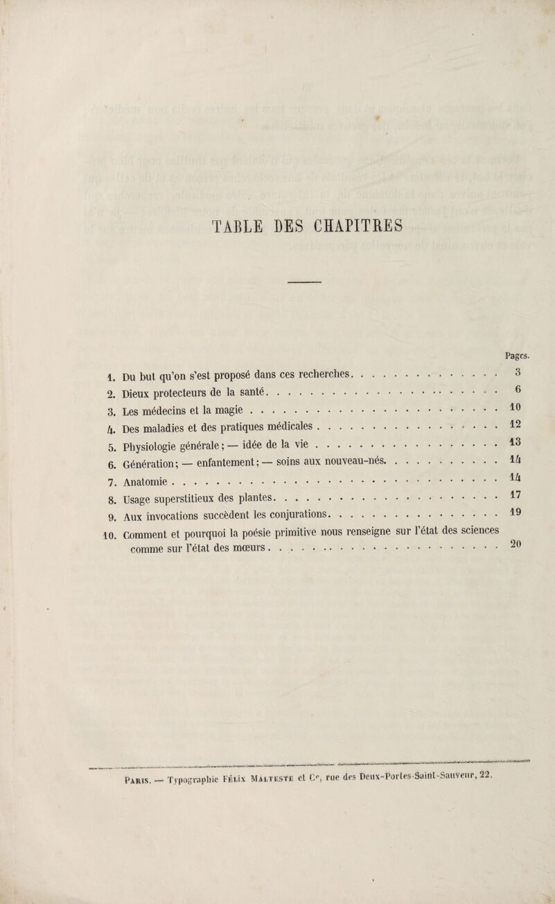 TABLE DES CHAPITRES Pages. 1. Du but qu’on s’est proposé dans ces recherches. 2. Dieux protecteurs de la santé.. • 3. Les médecins et la magie .. U. Des maladies et des pratiques médicales. 5. Physiologie générale ; — idée de la vie. 6. Génération ; — enfantement ; ~ soins aux nouveau-nés. 7. Anatomie.*. 8. Usage superstitieux des plantes. 9. Aux invocations succèdent les conjurations. 10. Comment et pourquoi la poésie primitive nous renseigne sur 1 état des sciences comme sur l’état des mœurs . 3 6 10 12 13 iU iU 17 19 20 Paris. — Typographie FÉCx Malteste et C% rue des Deux-PoiTes Saidt-Sauveiir, 22,