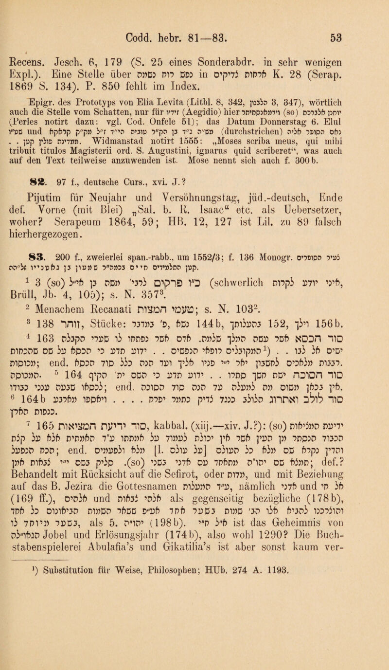 Recens. Jesch. 6, 179 (S. 25 eines Sonderabdr. in sehr wenigen KxpL). Eine Stelle über D))D5 pt? Ddd in O’p’73 niPPf) K. 28 (Serap. 1869 S. 134). P. 850 fehlt im Index. Epigr. des Prototyps von Elia Levita (Litbl. 8, 342, pisbs 3, 347), wörtlich auch die Stelle vom Schatten, nur für V7’f (Aegidio) hier 7D’np3f?»7u (so) r>D75bh pni’ (Perles notirt dazu; vgl. Cod. Onfele 51); das Datum Donnerstag 6. Elul V'PD und Ppfjpp pp» )>! 7'»? ypo ]3 7'0 (durchstriclien) o’bf? 7inp.7 ob: . . pp pbip D5’7))». Widmanstad notirt 1566; „Moses scriba meus, qui mihi tribuit titulos Magisterii ord. S. Augustini, iguarus quid scriberet“, was auch auf den Text teilweise anzuwenden ist. Mose nennt sich auch f. 300 b. 8Ä. 97 f., deutsche Curs., xvi. J.? Pijutim für Neujahr und Versöhnungstag, jüd.-deutsch, Ende def. Vorne (mit Blei) „Sal. b. R. Isaac“ etc. als Uebersetzer, woher? Serapeum 1864, 59; HB. 12, 127 ist Eil. zu 89 falsch hierhergezogen. 83. 200 f., zweierlei span.-rabb., um 1552/3; f. 136 Monogr. oncipp P’ub PD'^br V’5pb3 ]3 pi3»C PS»33 0»’D 0»7’»bDP pp. ^ 3 (so) p PDP □'•plD V'D (schwerlich nrpi r7i’ ’b’h. Brüll, Jb. 4, 105); s. N. 357^. ^ Menachem Recanati s. N. 103^. ^138 imi, Stücke: 737P3 'D, frDb 144b, •]r)'iii3D3 152, 156b. ^ 163 p33pp ’7rD IPPDb 7Dh Olb .Dp3d DDr PDf? XDDH “HD DIDDDD DD ir> bpDD r)7D D17’ . . D’DDbD ’hDD 0’331p»Dl) . . 133 if) D’D’ D'lp'lD)); end. f5p3D 71P ib DbP in p3f? VbD 7f5’ ]13Dpi O’bb m337. Dpl3»p. ® 164 q’pp 'D’ DDD ’3 Dil’ . . 17np *]Dn DD’ HDIDn OD 17133 ’33D DP3D lhp33; end. DDIpD 7ip D3D 715 pbb DJ) OIDJ) ]f533 ]’f5. ^ 164 b 15375» IDpfj’l .... P7D’ 7))DD p’7b 7553 3l>liD 11D pbD D1D53. 165 mX’'lion nyn'» HD, kabbal. (xiij.—xiv. J.?): (so) nih’bJiD dp’7’ nbp ii5 5i5 D’nwbD 7i5 innDh 3i5 7i))i5i nii3’ ]’5 7d5 ]’15D p 7np5D 7133D ii5D3D r)3D; end, d’))15d3i 53» [1, d3ii5 3»] d3ii5D 33 53» OD 57p3 ]’7di ]»5 ni533 OD3 p’3p .(so) ’5D3 ’575 D15 7p5n» DiD’ DD 5i»n; def.? Behandelt mit Rücksicht auf die Sefirot, oder ni7», und mit Beziehung auf das B. Jezira die Gottesnamen di3i5»d 715, nämlich ’575 und ’n 35 (169 ff.), D’d35 und di533 ’d35 als gegenseitig bezügliche (178 b), 7P5 33 D1515’3D D1»DD 75DD D155 7P5 7DD3 D1»D '3D l35 5’3d3 15373id1 i3 7P1’» 715D3, als 5. DiD’ {198 b). ’p 3“5 ist das Geheimnis von d3i55D Jobei und Erlösungsjahr (174 b), also wohl 1290? Die Buch¬ stabenspielerei Abulafia’s und Gikatilia’s ist aber sonst kaum ver- 0 Substitution für Weise, Philosophen; HUb. 274 A. 1193.