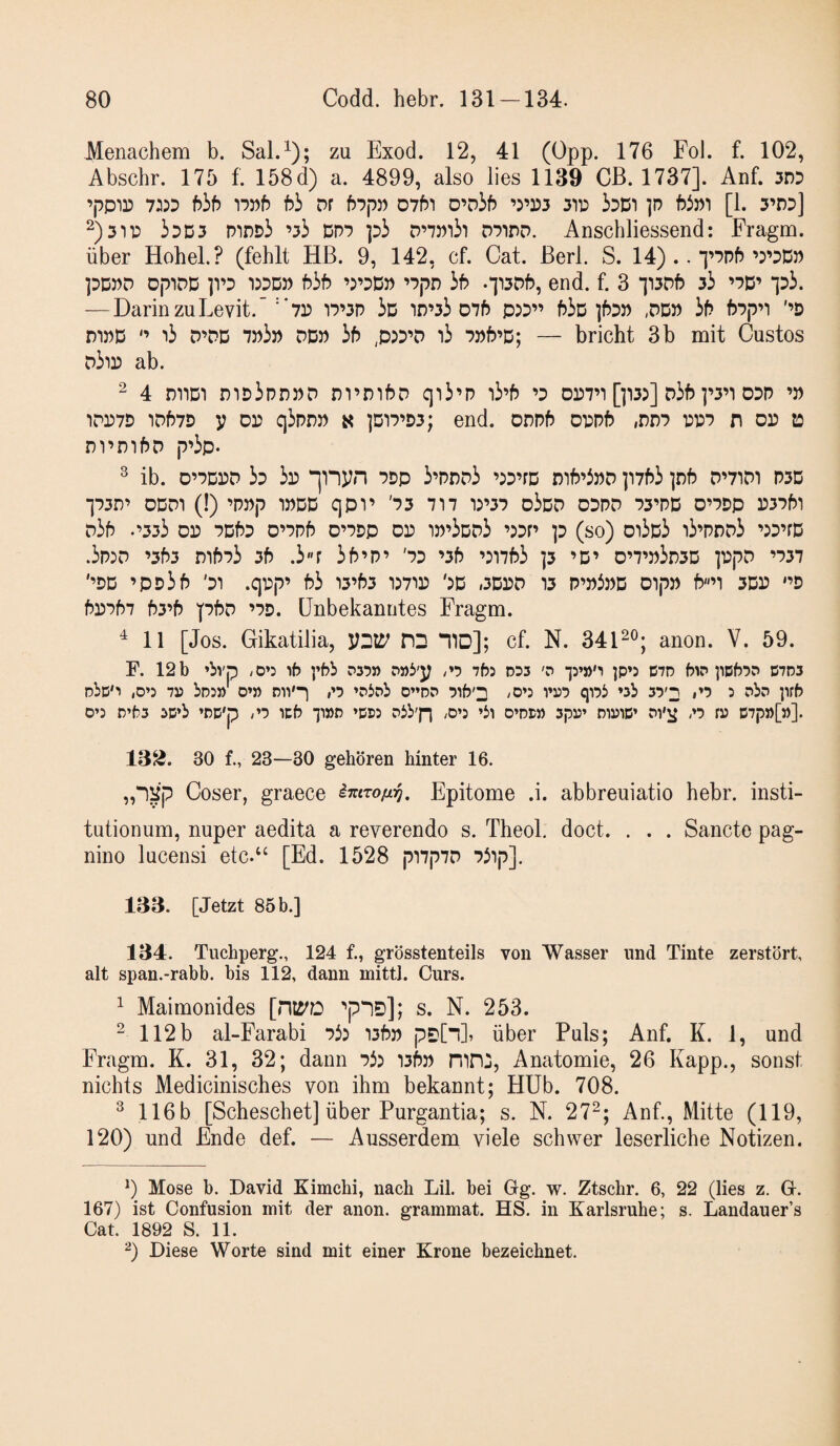 Menachem b. Sal.^); zu Exod. 12, 41 (Opp. 176 Fol. f. 102, Abschr. 175 f. 158 d) a. 4899, also lies 1139 CB. 1737]. Auf. ’PPID 7:i5D f53f5 bh Df f)*?pD 07^1 O’Dif) 2^'0 iDDl ]n b^J)) [1. S’DD] i3D3 PiDDi ’3i DP7 pi D’7Pii'i DPiDD. Anschliessend: Fragm. über Hohel.? (fehlt HB. 9, 142, cf. Cat. Berl. S. 14) .. i’PPfr wDp ]3DPD DpIDD 15DD)) f?35 ’PpP if> .‘]13Dt), end. f. 3 113Df5 33 ’7D’ p3. —DarinzuLevit.'‘7P 17’3P 3d id’33 076 p5D” 63d pDP ,ddp 36 67p’i '’D mPD ” i3 D’DD 7p3p ddp 36 ,p5D’D i3 7p6’D; — bricht 3 b mit Gustos d3ip ab. ^ 4 T)W^ mD3pDPD Drm6D qi3’p i3’6 ’d dp7’t [p35] d36 p3’i ddp ’p 1DP7D 1D67D V DP q3pDP « pi7’D3; end. 0DP6 0PP6 ,DD7 ppp n dp o nrm6D p’3p. ^ ib. O’DDPD 3d 3p ]nyn ddp 3’pdd3 ’^d’fd m6’3PD ]'i763 ]n6 D’7'idi P3D *]D3D’ DDD1 (!) ’ppp 1PDD qpV 'D3 717 15’3D o3dD DDPD D3’PD D’DDp P3D61 d36 .’333 DP dd6d 0’dp6 d’ddp dp ip’3dd3 ’jdp ]d (so) oi3d3 i3’Pdd3 ’JD’fD .3pxd ’363 di6d3 36 .3«r 36’P’ 'dd ’36 ’:i763 p ’D’ 0’7’p3d3D ]PpD ’D37 '’DD ’PD36 'di .qpp’ 63 13’63 OTP ')D »3DPD 13 P’P3pD Oipp 6''’1 3DP '’D 6pd67 63’6 p6D ’DD. Unbekanntes Fragm. ^ 11 [Jos. Gikatilia, HD TID]; cf. N. 34D®; anon. V. 59. F. 12 b *bvp /D’2 l6 ppb PSD» ^»3'^ /»5 763 DD3 P’»''l ]P*3 C7D 6w 11C67P C7D5 Die'') |0’3 715 bD3» O’D riV*^ ,'7 »P3s1i 0”DO 716'3 /0»3 1*157 qi73 »3b 37'2 ,»7 3 nbn ]1fb 0*3 r)’^3 3D*b *PD'p <»7 ic6 IIDR »DI)3 Pbb'pj /0»3 ’il O’DB» 3pl5» D1151D’ P1'\J n fl3 D7p»[»]. 13^. 30 f., 23—30 gehören hinter 16. „1!ip Coser, graece introfn^. Epitome .i. abbreuiatio hebr. insti- tutionum, nuper aedita a reverendo s. Theol. doct. . . . Sancte pag- nino lucensi etc.“ [Ed. 1528 piDpDD Dbip]. 133. [Jetzt 85 b.] 134. Tuchperg., 124 f., grösstenteils von Wasser und Tinte zerstört, alt span.-rabb. bis 112, dann mittl. Curs. ^ Maimonides [niD'ü ^pl0]; s. N. 253. “ 112b al-Farabi Db) 136p p0[i], über Puls; Anf. K. 1, und Fragm. K. 31, 32; dann Db) 136p nirij, Anatomie, 26 Kapp., sonst nichts Medicinisches von ihm bekannt; HUb. 708. ^ 116b [Scheschet] über Purgantia; s. N. 27^; Anf., Mitte (119, 120) und Ende def. — Ausserdem viele schwer leserliche Notizen. *) Mose b. David Kimchi, nach Lil. bei Gg. w. Ztschr. 6, 22 (lies z. G. 167) ist Confusion mit der anon. grammat. HS. in Karlsruhe; s. Landauer’s Cat. 1892 S. 11. Diese Worte sind mit einer Krone bezeichnet.